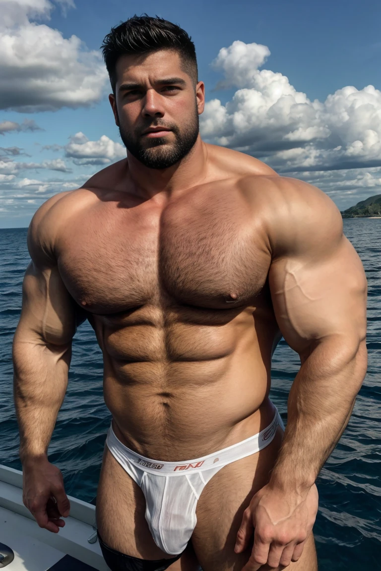 wide angle,Medium shot of two handsome guys,plump breasts,swelling of chest muscles,Full chest muscles,swelling of chest muscles,sweating,Skin is moisturized and shiny,(face slimming),short hair,beard,Sexy and charming expression,gloomy eyes,blue eyes,Naughty and cool,Handsome and cool guy, (topless), ultra thin pantyhose,Big bag highlights,(Full chest muscles),(breast muscle swelling),Chest and belly hair,topless,Skin is smooth and hydrated,fiery, super sexy, Behind him is the sea, standing on the ship,There are flying fish and dolphins in the water,of a topless, member, very sexy,Blue sky and white clouds, member, Looks hot, intense smoldering, Attractive and good looking, 30 years old, attractive man, sexy masculine, 8k realistic, Super detailed photos, Bulger j8,Perfect hand details,Perfect facial details
