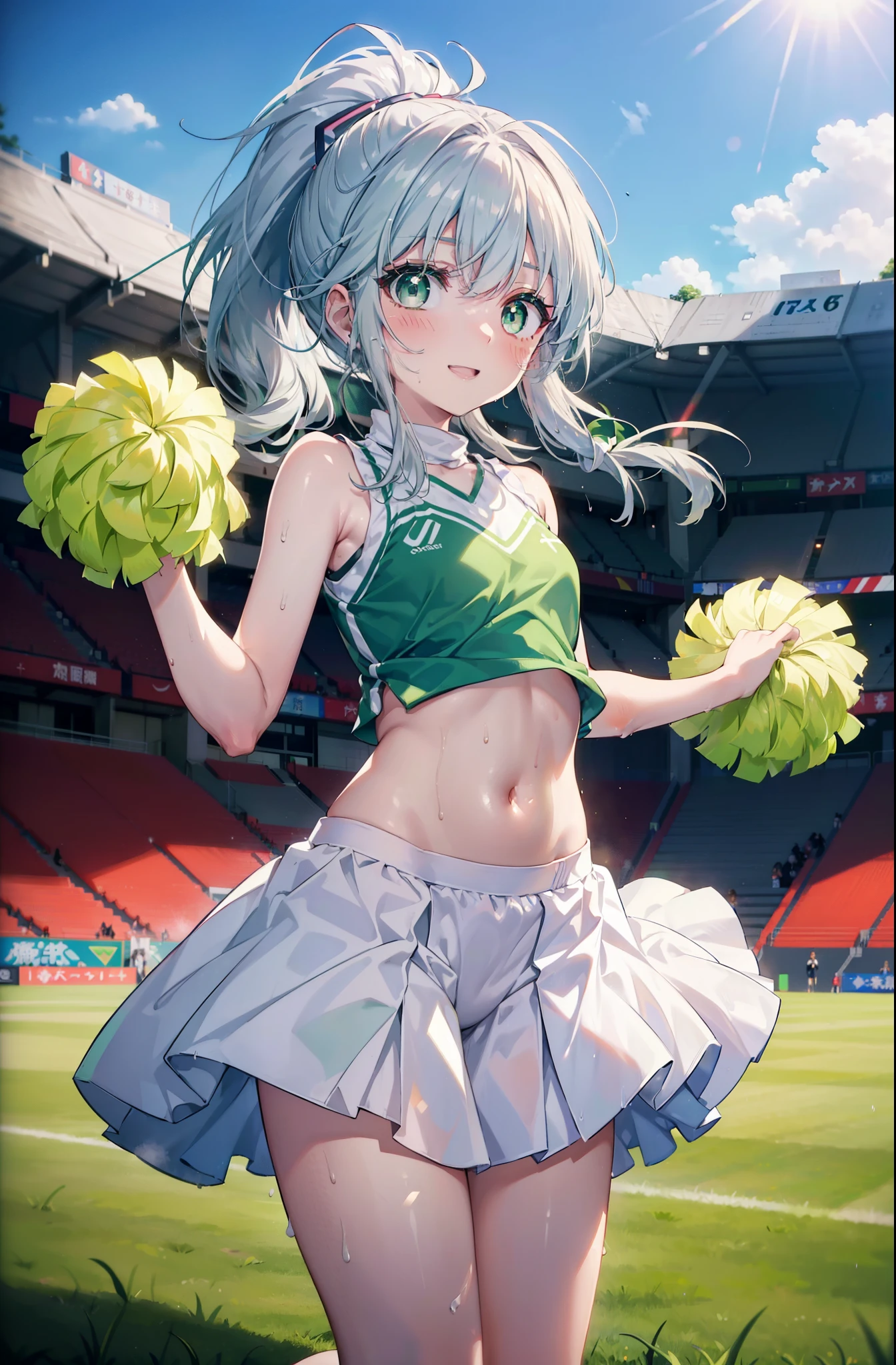 index, index, (green eyes:1.5), silver hair, long hair, (flat chest:1.2),smile,blush,open your mouth,ponytail,(Cheerleader), (whole body), lower, (sweaty), sweaty Wet Clothes, (white clothes), , Belly button support, playground, (jump), (jump), 足を曲げてjumpする, air, blue sky, Grass原, smile,Cheerleader, pom pom \(Cheerleader\), Grass, smile,
break looking at viewer, Upper body, whole body,
break indoors, stadium,
break (masterpiece:1.2), highest quality, High resolution, unity 8k wallpaper, (shape:0.8), (fine and beautiful eyes:1.6), highly detailed face, perfect lighting, Very detailed CG, (perfect hands, perfect anatomy),