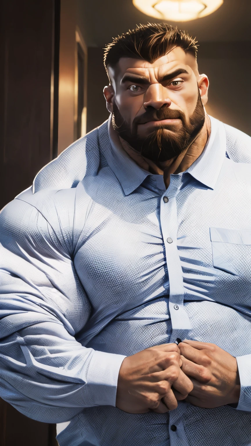 Uncle Banner the Hulk in the Avengers，Male uncle，A little bearded，Strong body，big breasts slightly fat，Short black hair，The upper half is wearing a blue police shirt，The shirt was all unbuttoned，Exposes the pectorals and abs，The lower body wears black trousers，There is chest hair，The arms are hairy，Thick hairs on the calves，Body hair on the buttocks，Sit in the steaming room，Spread your legs，Legs raised，Expose the thick soles of your feet，Wrap your hands around your thighs，Butt forward，Sweaty face，Covered in sweat，The expression is shy