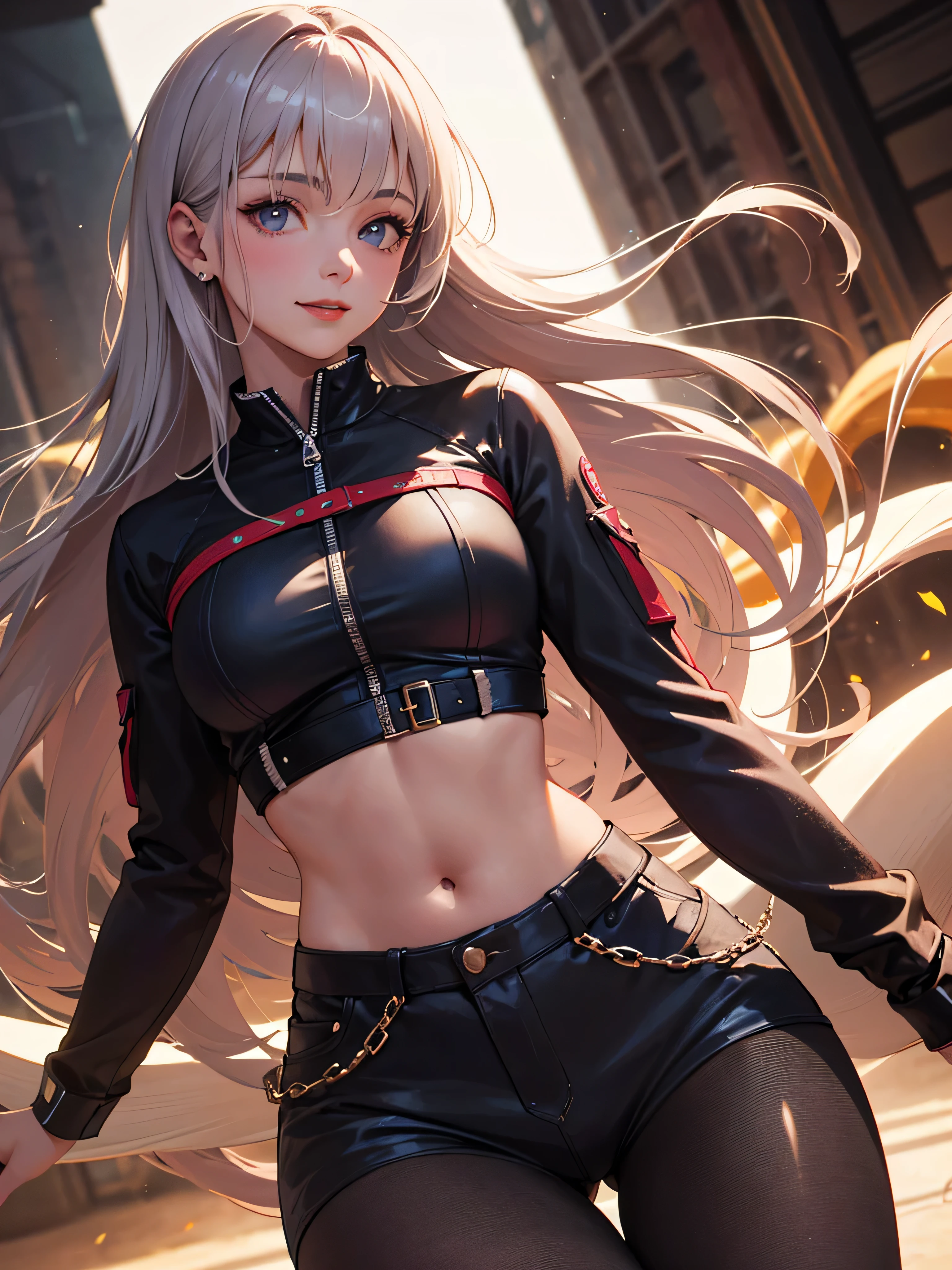 (masterpiece), Highest quality, Expressive eyes, Perfect Face, High resolution, One girl, alone, Gray Hair, Jacket, Ahoge, Fingerless gloves, abdomen, (Sheer panties), Crack, Put your hands on your hips, Leaning forward, smile, Fantasy Background, particle, magic, Are standing,Cowboy Shot, Looking at the audience, from the front,night, Abandoned city,