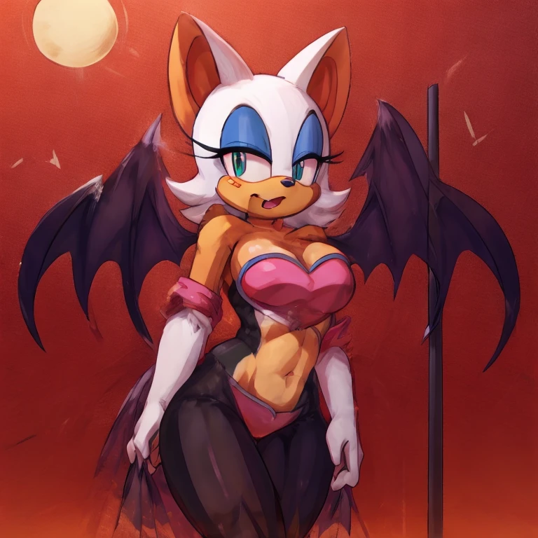 Rouge the bat with abs wearing a crop top of her original outfit with a bare midriff and a bare navel , digital art, ((perfect face)), ((best quality)), ((masterpiece))