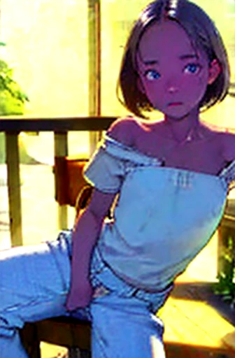 une fille assise sur un coussin de tabouret de bar, minijupe en jean, Culotte blanche visible, vue de face, detailed skin textures and detailed skin pores, Highly detailed face and eyes,