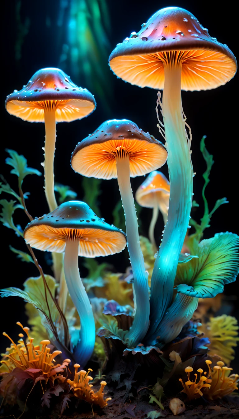 (best quality,Super detailed),professional,close up,Bioluminescent iridescent mushrooms,sharp focus,bright colors,studio lighting