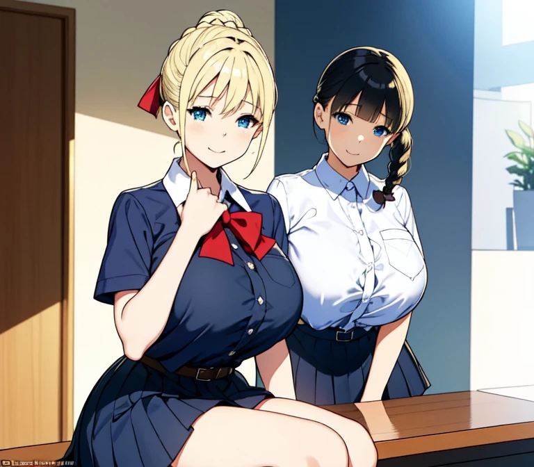 one very young slim fit girl, full height, rounded face, big blue eyes, shy smile, perfect super huge breasts, blue pleated skirt, bangs, tight white shirt, short sleeves, collared shirt, belt, red neckerchief, breast pocket, braid, hair ribbon, blue ribbon, short curly fluffy blonde hair