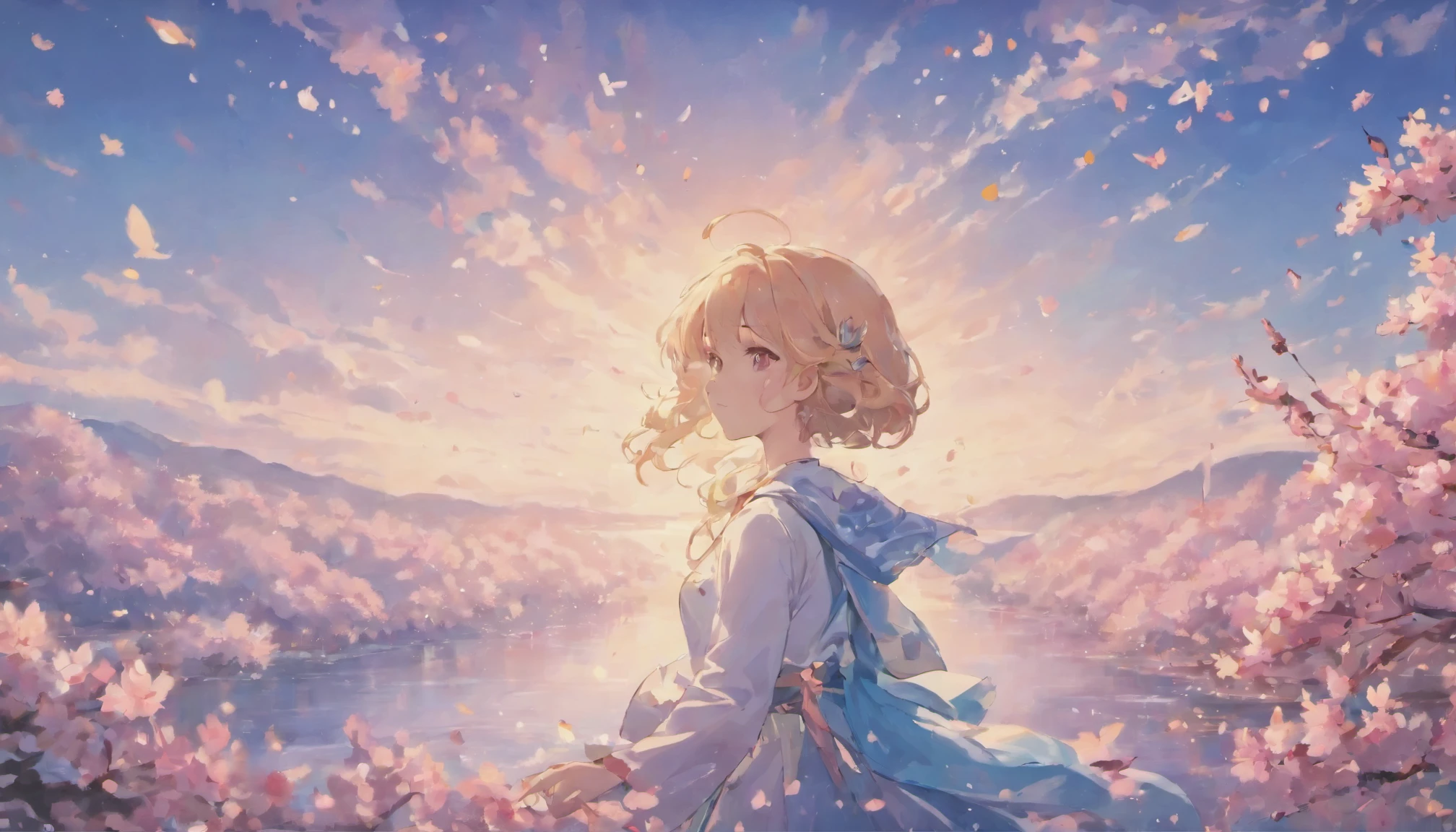 A fairyland in the white clouds, dreamy and romantic,Ultimate simplicity,On the lake, cherry blossoms , ((Flying petals)) , woman , back view , , , ,