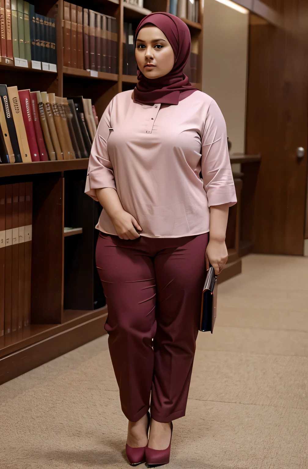 a fat woman, wearing a hijab, standing gracefully, in the library wearing a maroon blouse, pastel colored trousers and high heels, holding a book, looking at the camera.