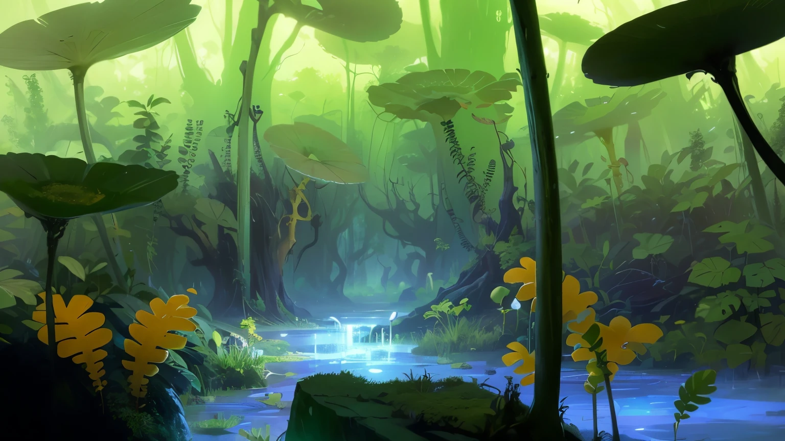 there is a painting of a forest with a pond and lots of plants, swampy atmosphere, lush alien landscape, luminescent concept art, inside an alien jungle, environmental concept art, rich diverse lush alien world, slime mold forest environment, strange alien forest, alien forest in background, an alien jungle, stylized concept art, environment concept art, neon radioactive swamp