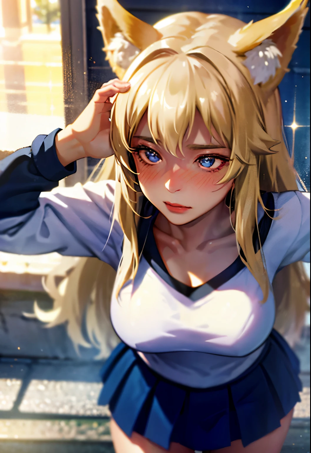 masterpiece, best quality, wolf girl, elegant, 1girl, wolf ears, wolf tail, cute, blushed, looking at viewer, from above, blonde wavy hair, mini skirt, white and black striped T-shirt, blue eyes, beautiful eyes, beautiful background, light particles, sun rays, dramatic lighting, outside, shiny, realistic, masterpiece, best quality, ultra-detailed, detailed, scenery, beautiful detailed eyes, detailed hair