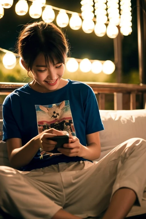a person, at night, wearing a T-shirt, is enjoyably watching videos on the smartphone.Looks like a lot of fun。