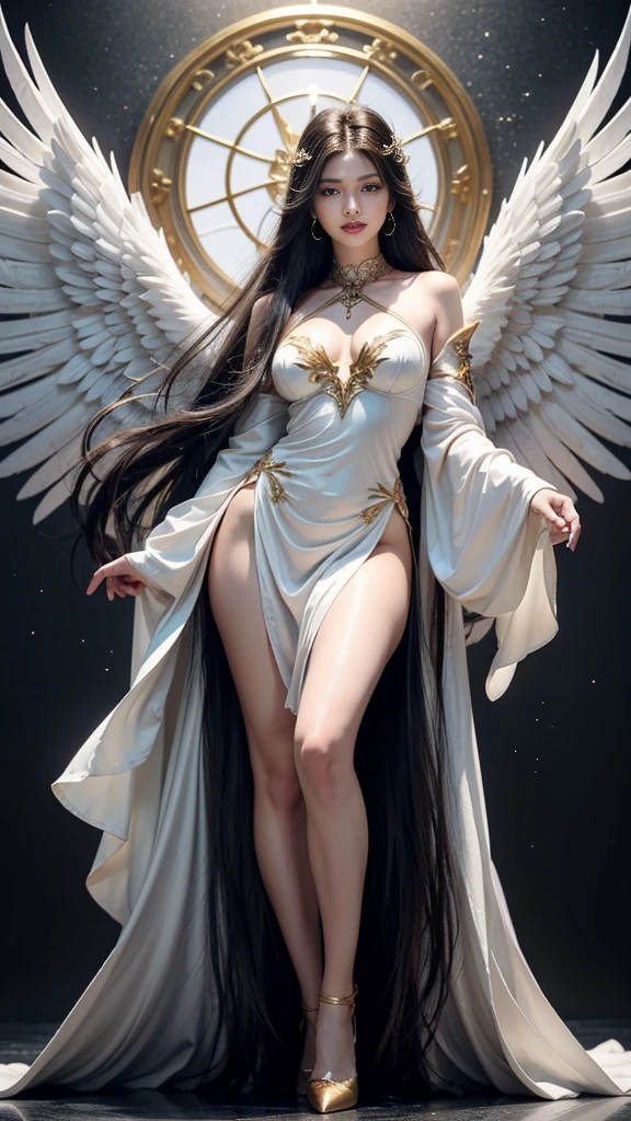 An angel has 12 wings on her shoulders.., wings burst from wings, have many wings, wings separated, Twelve wings rested on his shoulders.., have many wingsออกมาจากไหล่., pure white wings, Realistic picture, highest resolution, 16k, A god with wide wings and enormous power on his shoulders..., wings overlapping wings on shoulders., Add dynamic wings, Beautiful girl with two meter long hair, my hair is very long., extra long hair, striking long hair, Beauty that comes from long hair, long black hair, Long, flowing hair, Smooth white skin, Smooth white skin, shiny hair, very red lips, charming standing posture, big breasts, big breast, big breasts, The breasts are soft and fluffy.., Plump breasts, Plump breasts, eye-catching breasts, small waist, hips raised, small thighs, Long legs, Women who are 172 centimeters tall, perfect proportions, Anatomically correct, proportional anatomy, dynamic poses, Short white dress with black embroidery, a few pieces of jewelry, gold armor, Float in the air, forest sky background, See the whole body., like full body, Visible in every part of the body,