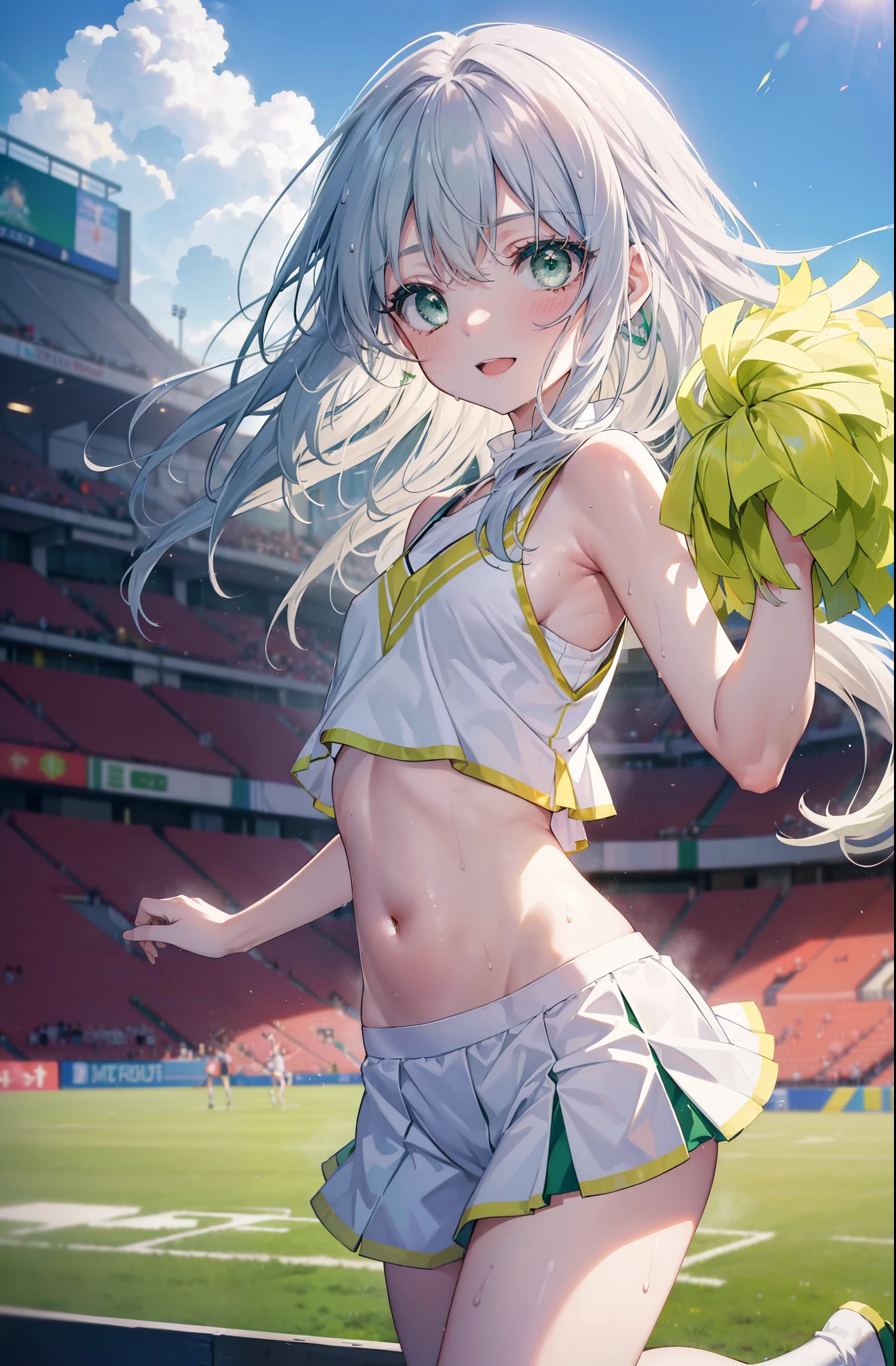 index, index, (green eyes:1.5), silver hair, long hair, green eyes(flat chest:1.2),(Cheerleader), (whole body), lower, (sweaty), sweaty Wet Clothes, (white clothes), , Belly button support, playground, (jump), (jump), 足を曲げてjumpする, air, blue sky, Grass原, smile,Cheerleader, pom pom \(Cheerleader\), Grass, smile, 
break looking at viewer, Upper body, whole body,
break indoors, stadium,
break (masterpiece:1.2), highest quality, High resolution, unity 8k wallpaper, (shape:0.8), (fine and beautiful eyes:1.6), highly detailed face, perfect lighting, Very detailed CG, (perfect hands, perfect anatomy),