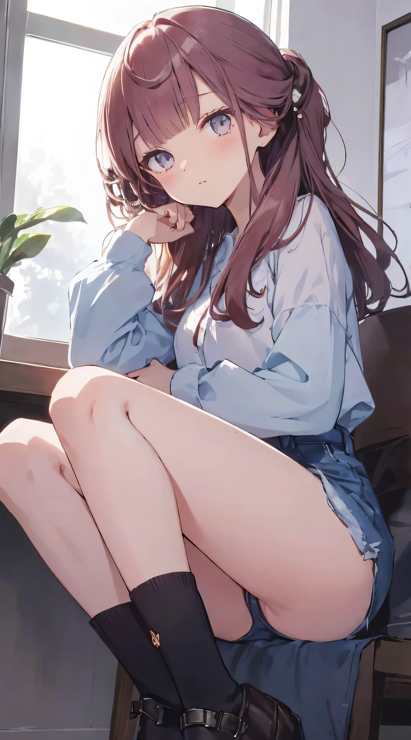 master piece、Highest image quality、highest quality、 ((panic))、glossy hair quality、small face、sitting、Super detailed and beautiful bright eyes、Super detailed clear and beautiful face、(cute illustration:1.2), High-resolution, ultra-detailed, best quality, embarrassed、(Gaps in shorts)、(cute underwear)