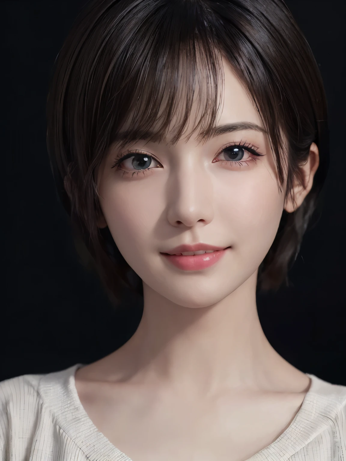 (masterpiece:1.3), (8K, realistic, Raw photo, highest quality: 1.4), (1 girl), beautiful face, (realistic face), (black hair, short hair:1.3), beautiful hairstyle, realistic eyes, detailed and beautiful eyes, (realistic skin), beautiful skin, (sweater), disorganized, Charm, ultra high resolution, surreal, very detailed, Golden ratio smile brown hair