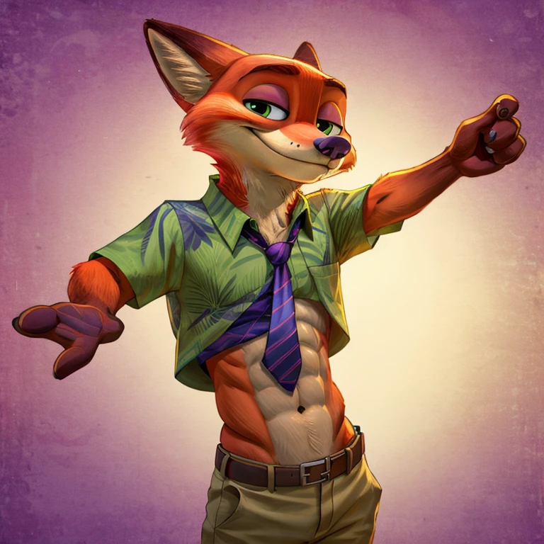 Nick Wilde with abs wearing a crop top of his Hawaiian green shirt with indigo tie and khaki pants with a bare midriff and a bare navel , digital art, ((perfect face)), ((best quality)), ((masterpiece))