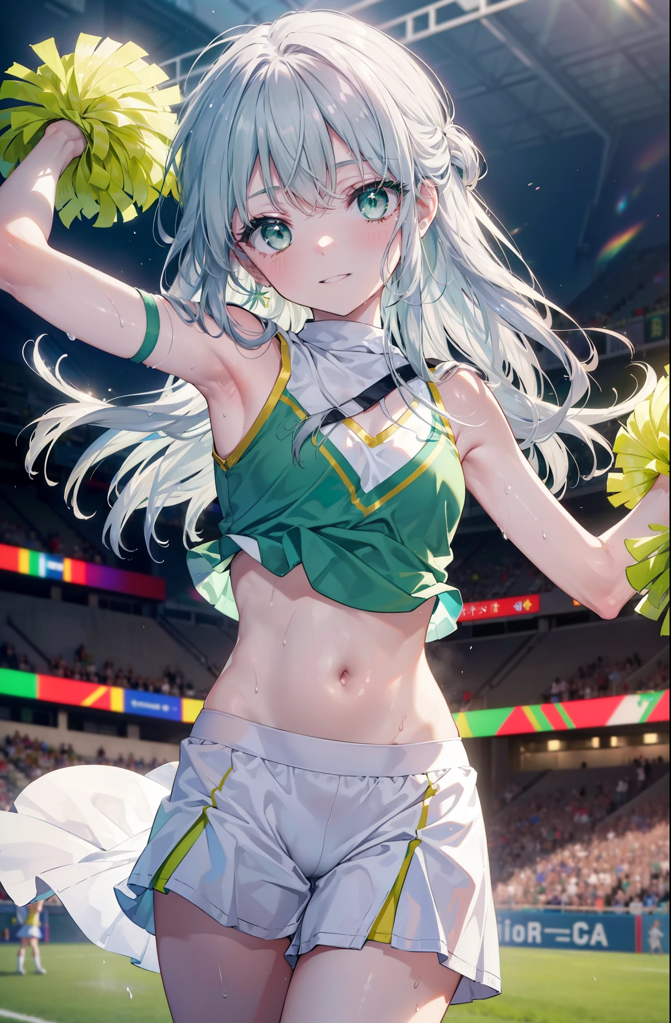 index, index, (green eyes:1.5), silver hair, long hair, green eyes(flat chest:1.2),(Cheerleader), (whole body), lower, (sweaty), sweaty Wet Clothes, (white clothes), , Belly button support, playground, (jump), (jump), 足を曲げてjumpする, air, blue sky, Grass原, smile,Cheerleader, pom pom \(Cheerleader\), Grass, smile, 
break looking at viewer, Upper body, whole body,
break indoors, stadium,
break (masterpiece:1.2), highest quality, High resolution, unity 8k wallpaper, (shape:0.8), (fine and beautiful eyes:1.6), highly detailed face, perfect lighting, Very detailed CG, (perfect hands, perfect anatomy),