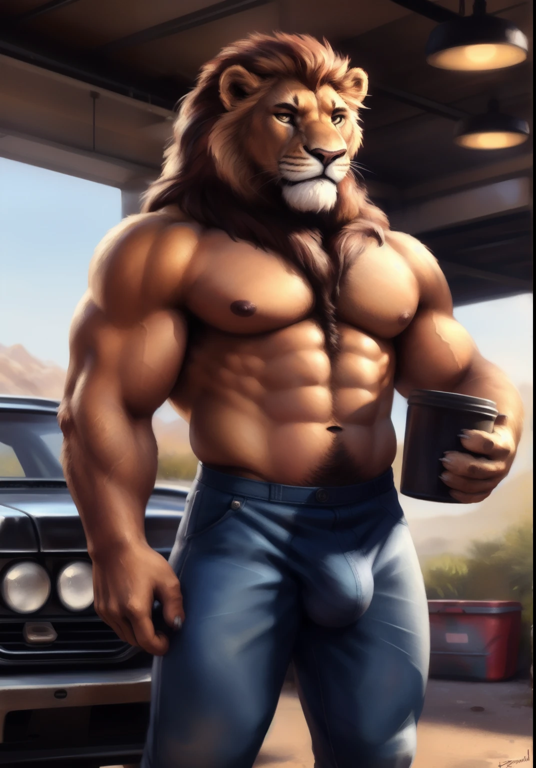 Lion, male, solo, adult, abs, pecs, nipples, older, strong muscles, long mane, detailed face, beautiful eyes, detailed eyes, mechanic, work overall, showing chest, open work overall, muscular chest, muscular, serious face, bodybuilder body, beefy, garage background, bulge, looking_at_viewer, by bruteandbrawn, by personalami, by kenket, (intricate, high detail, film photography, soft focus, RAW candid cinema,
photorealism, realistic, photorealistic, analog style, subsurface scattering,
masterpiece, best quality, ultra realistic, 8k)