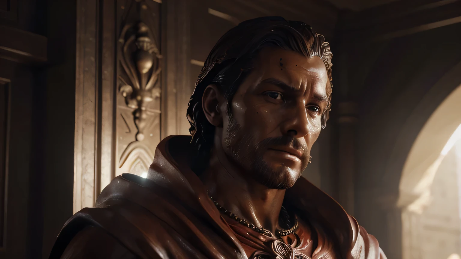 a close up of a statue of a man with a red cape, realistic 8k bernini sculpture, cinematic bust shot, cinematic close-up bust shot, super detailed octane render, insanely detailed octane render, cinematic bust portrait, masterpiece. rendered in blender, cgi clay sculpture, featured on zbrush central, in screenshot from the 300 movie