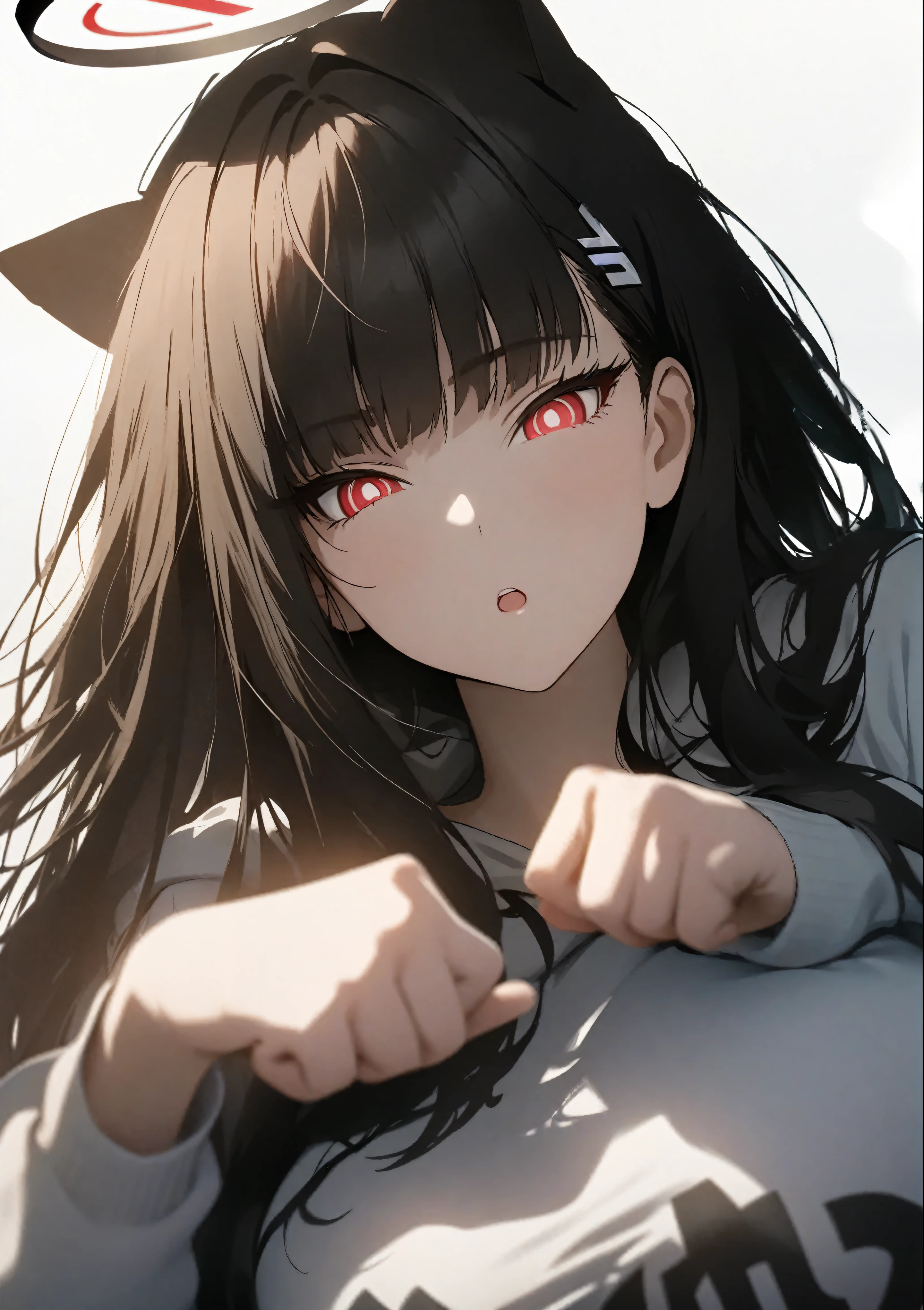 1girl, official art, no text, rio \(blue_archive\), halo, long hair, breasts, big breasts, blackhoodie, paw pose, white background, :o, upper body, depth of field, masterpiece, best quality, realistic light and shadow, high key lighting, (balanced photo, balanced exposure), (pov:1.4)
