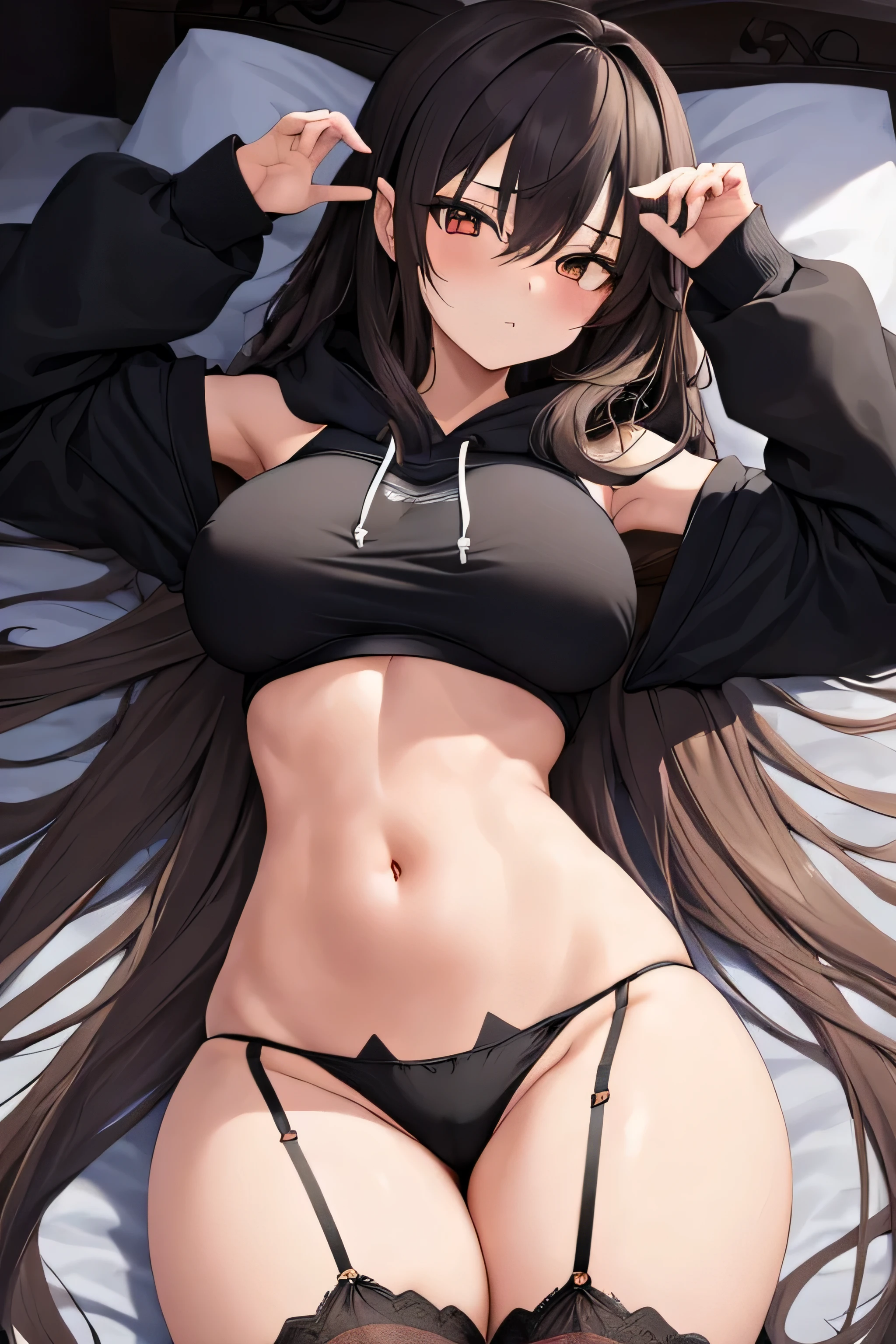 masterpiece, 1 girl, black , garter strap, garter belt, black hoodie, oversized hoodie, black stockings, thigh height, lie down, lying in bed, put one's sleeve on one's hand, long hair, thick thighs, big bre stomach, toned arms, fit, behind, Torso clothing
