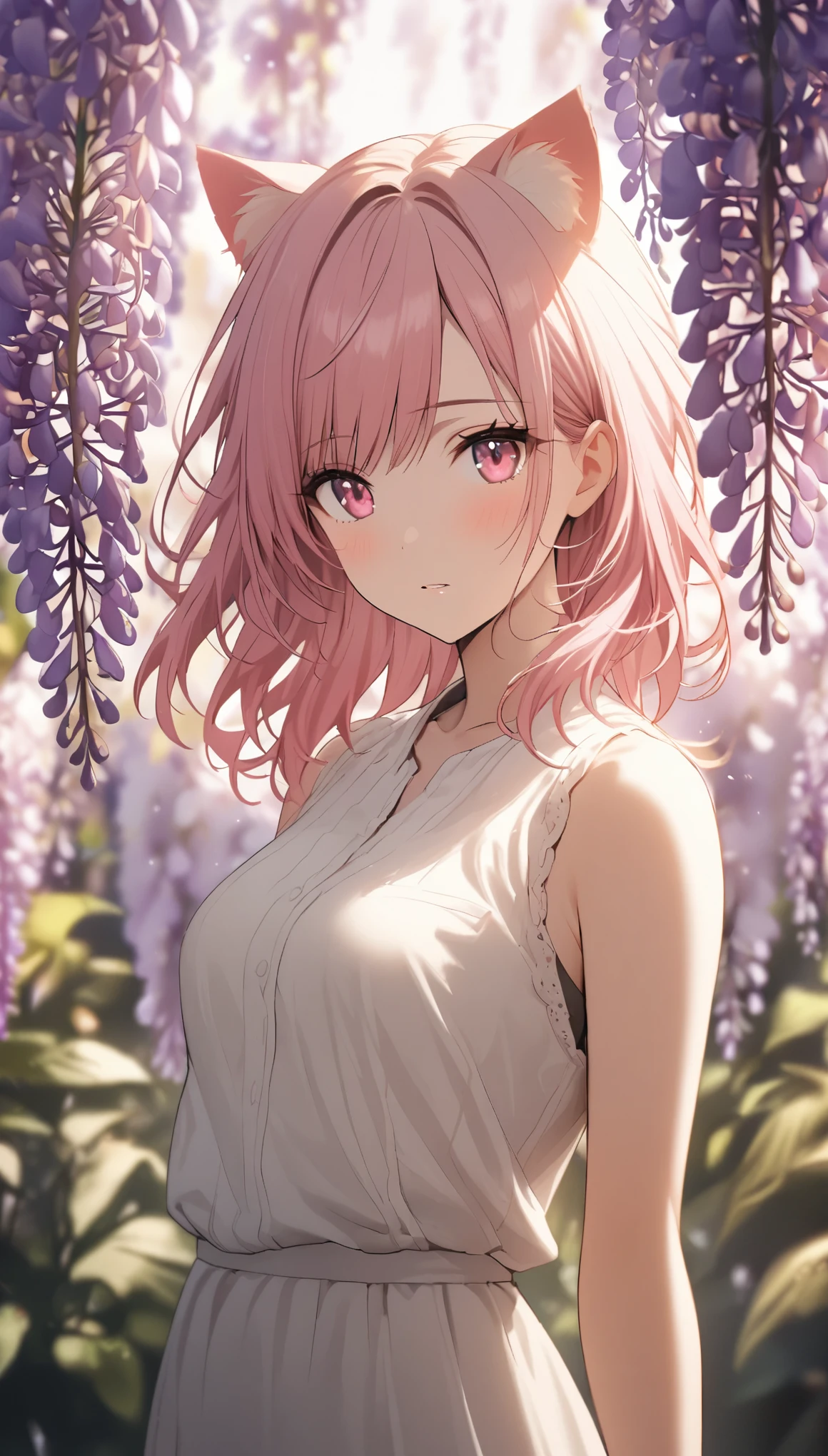 1 girl, alone, Cute girl with pink hair, pink eyes, Wisteria flower background, soft natural light, cat ears, sleeveless white shirt