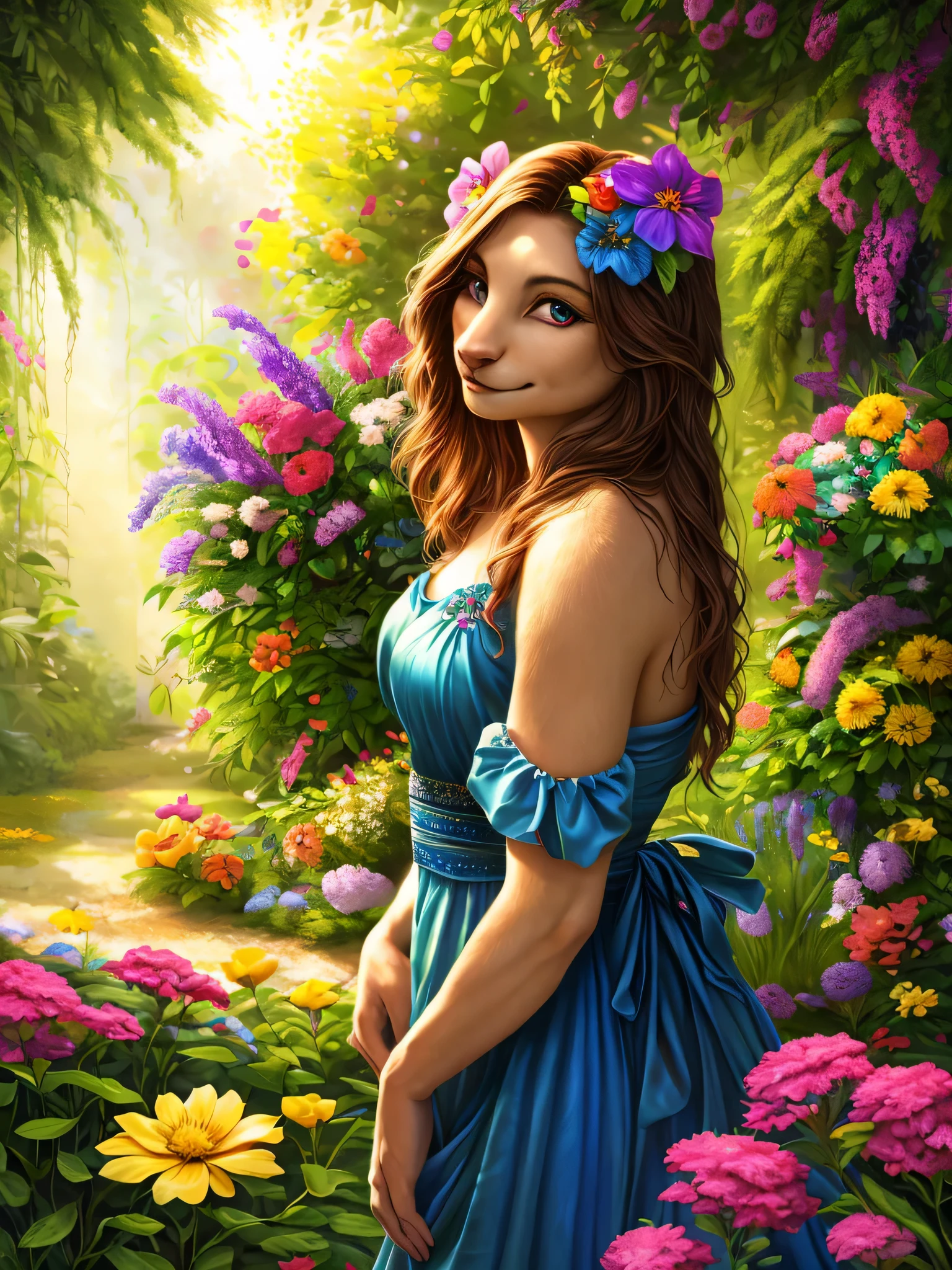 (specific detalles,realistic,HD:1.2),portrait,lush garden,soft sunlight, vibrant colors,beautiful detailed eyes,long eyelashes,wearing a flowing blue dress,standing gracefully,surrounded by colorful flowers,smiling gently,peaceful mood,looking at the viewer,masterpiece:1.2