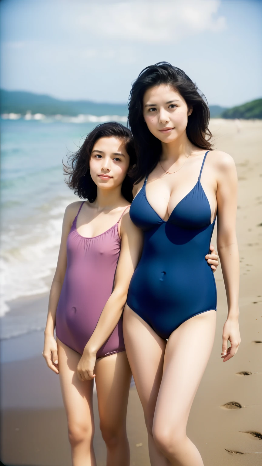 Distant view, Polaroid, out of focus, best quality, masterpiece, ultra high res, photorealistic, Full-body shot from the front in the distance, Atmosphere of the 1980s, Japanese beaches on a cloudy day, mother and Slightly overweight daughters with black straight hair and dark eyes, (((30-year-old mother and 15-year-old daughters in swimsuits))), Include the surrounding scenery, big and round hips, sensual body, obscene body, huge breasts :1.3, saggy breasts:1.4, (((Perfect Anatomy)))