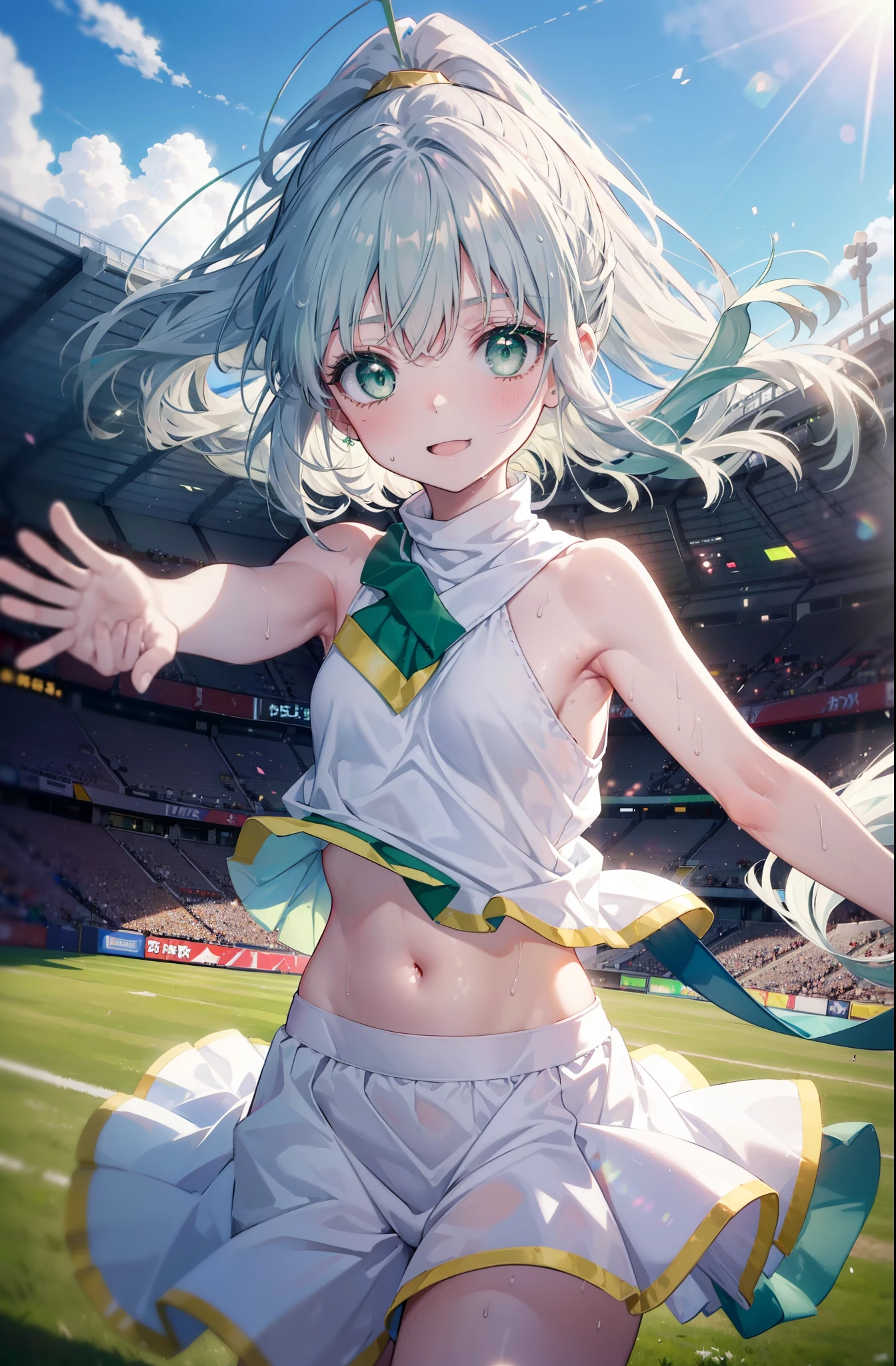 index, index, (green eyes:1.5), silver hair, long hair, green eyes,ponytail,(flat chest:1.2),(Cheerleader), (whole body), lower, (sweaty), sweaty Wet Clothes, (white clothes), , Belly button support, playground, (jump), (jump), 足を曲げてjumpする, air, blue sky, Grass原, smile,Cheerleader, pom pom \(Cheerleader\), Grass, smile, 
break looking at viewer, Upper body, whole body,
break indoors, stadium,
break (masterpiece:1.2), highest quality, High resolution, unity 8k wallpaper, (shape:0.8), (fine and beautiful eyes:1.6), highly detailed face, perfect lighting, Very detailed CG, (perfect hands, perfect anatomy),