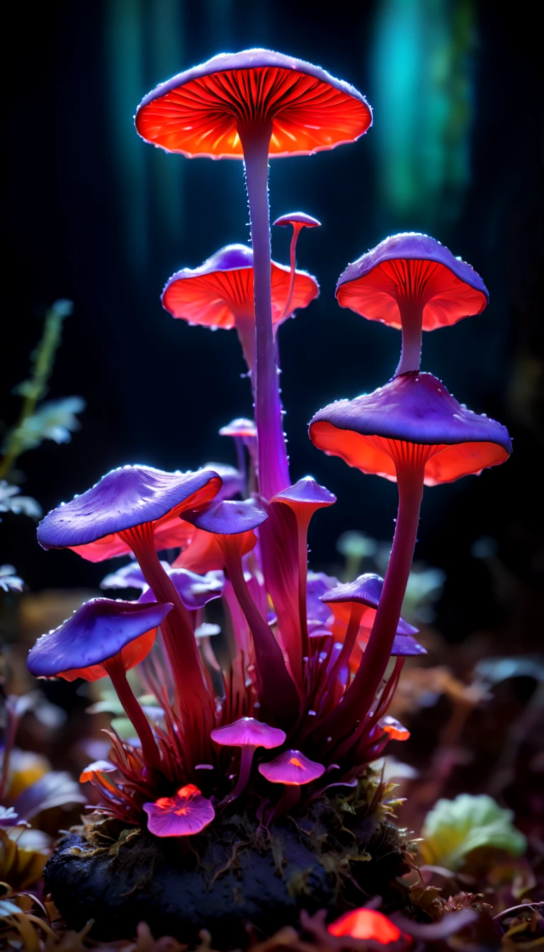 (best quality,Super detailed),professional,close up,Bioluminescent purple-red mushroom,sharp focus,bright colors,studio lighting