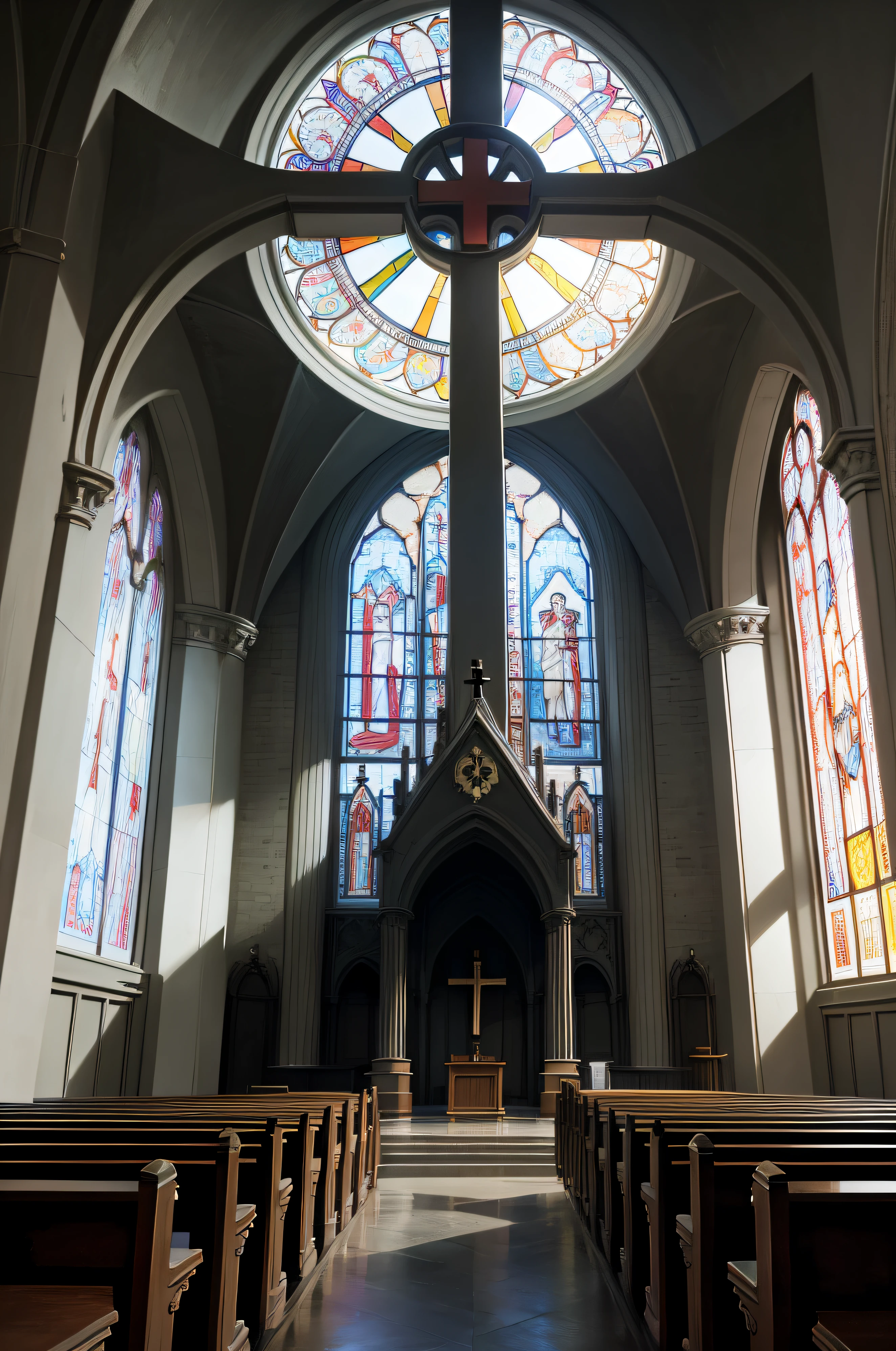 Beautiful dark church, Coloured stained glass windows, Une grande croix est suspendue au plafond