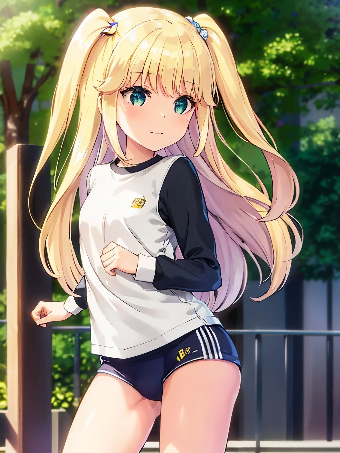 s○l○, 1 girl, highest quality, very detailed, (masterpiece), (illustration), school, outdoor , long sleeves, blonde hair, long hair, green eyes, two side up, eyebrows visible through hair, shine, bangs, shine, flat chest,white gym uniform,red bloomers,nude,topless,cum on chest,vaginal,sex,