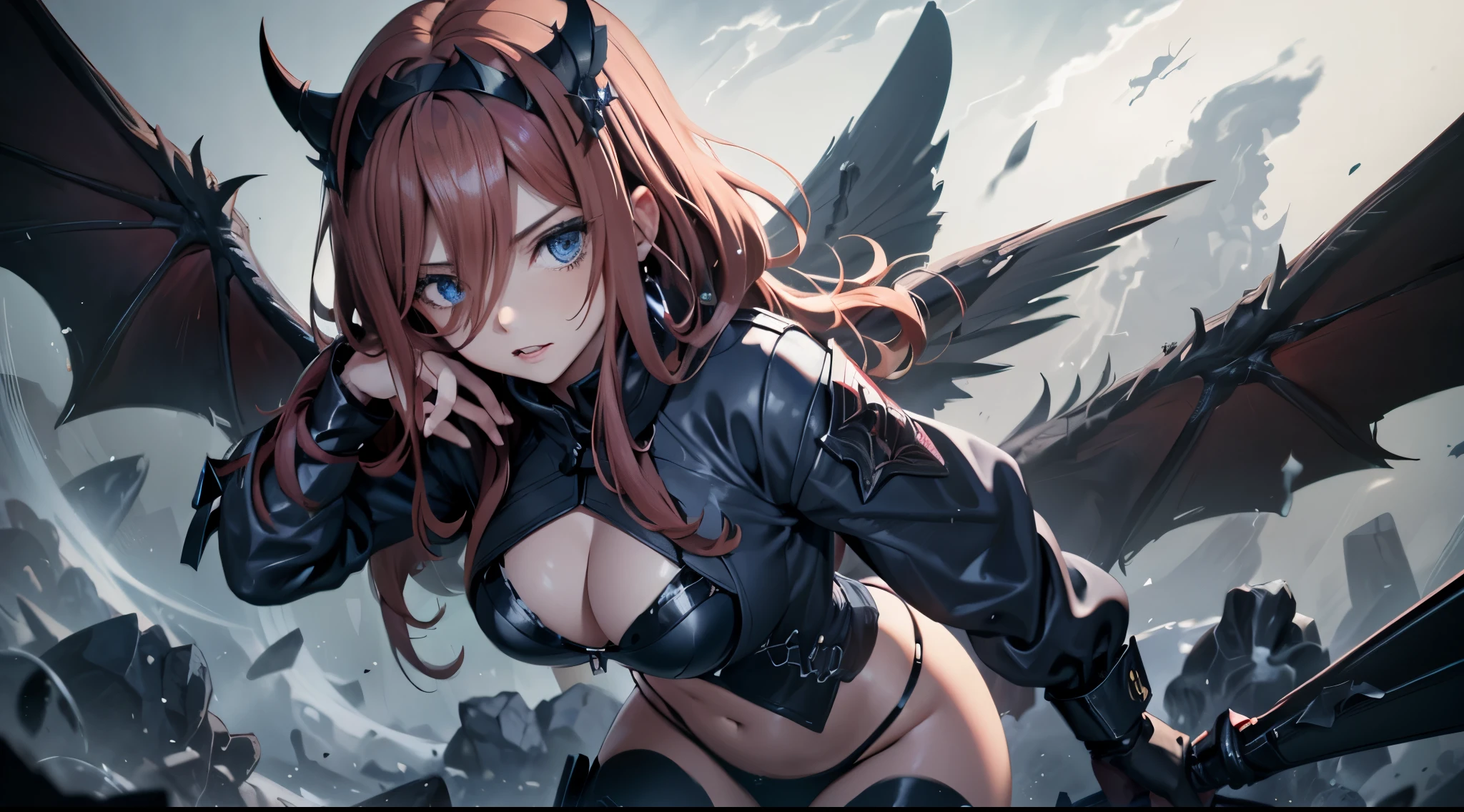 top-quality、Top image quality、masterpiece、age girl((Black jacket、black mechanic body、Shining red body line、Black Bikini Armor、18year old、 Ager、Best Bust、big bast,Beautiful light blue eyes, Long Blonde Hair、A slender,Large valleys、Reflecting the whole body、black mechanic helmet、Black visor、mechanical red sword、Black wings、rear cable、mid air、flying though the air,fighting poses)),hiquality、Beautiful Art、Background with((Dark world、Darknesian dragon army、demon realm))masterpiece、depth of fields,Japan Anime Style