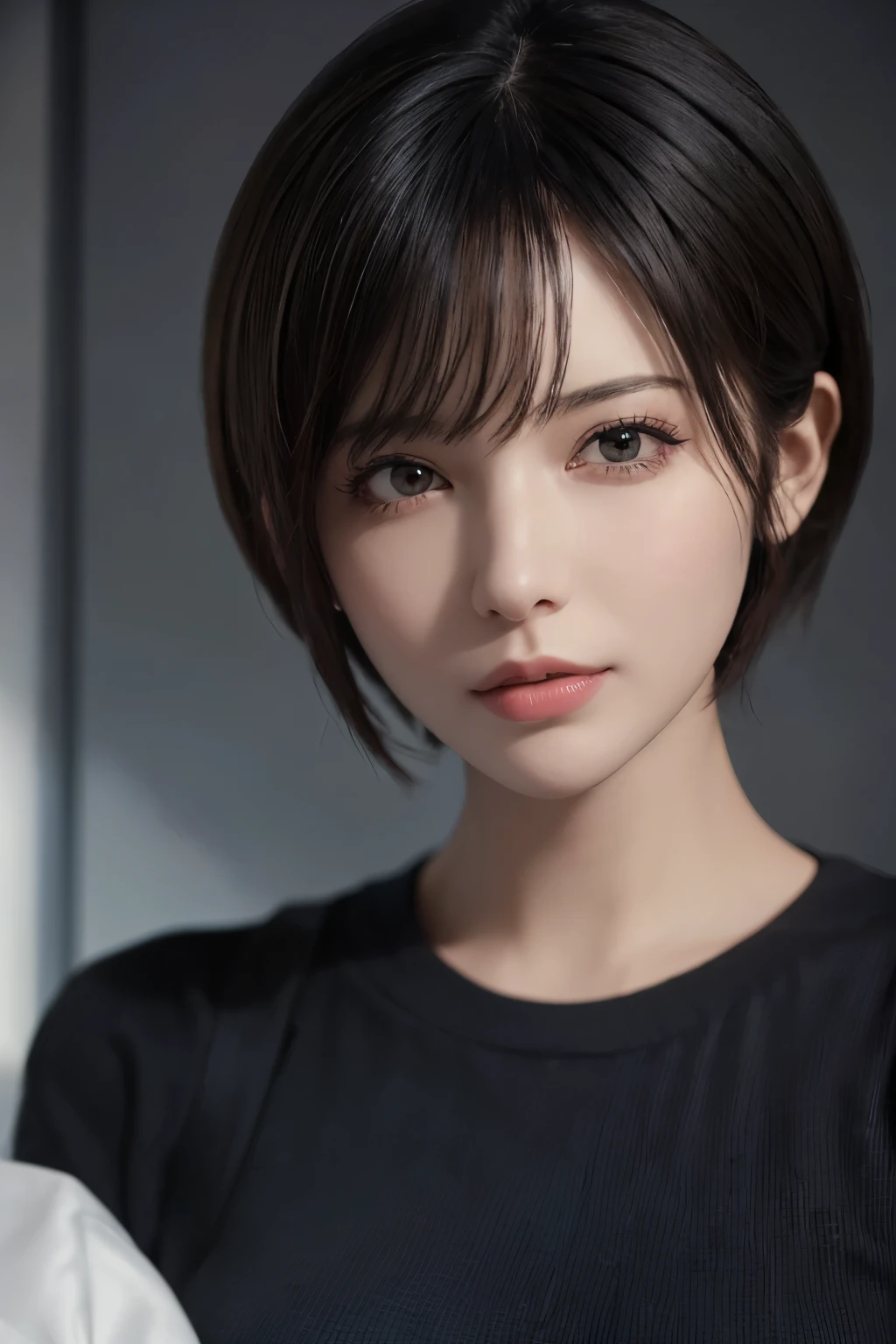 (masterpiece:1.3), (8K, realistic, Raw photo, highest quality: 1.4), (1 girl), beautiful face, (realistic face), (black hair, short hair:1.3), beautiful hairstyle, realistic eyes, detailed and beautiful eyes, (realistic skin), beautiful skin, (sweater), disorganized, Charm, ultra high resolution, surreal, very detailed, 黄金比 マッシュshort hair ピクシーカット 笑顔