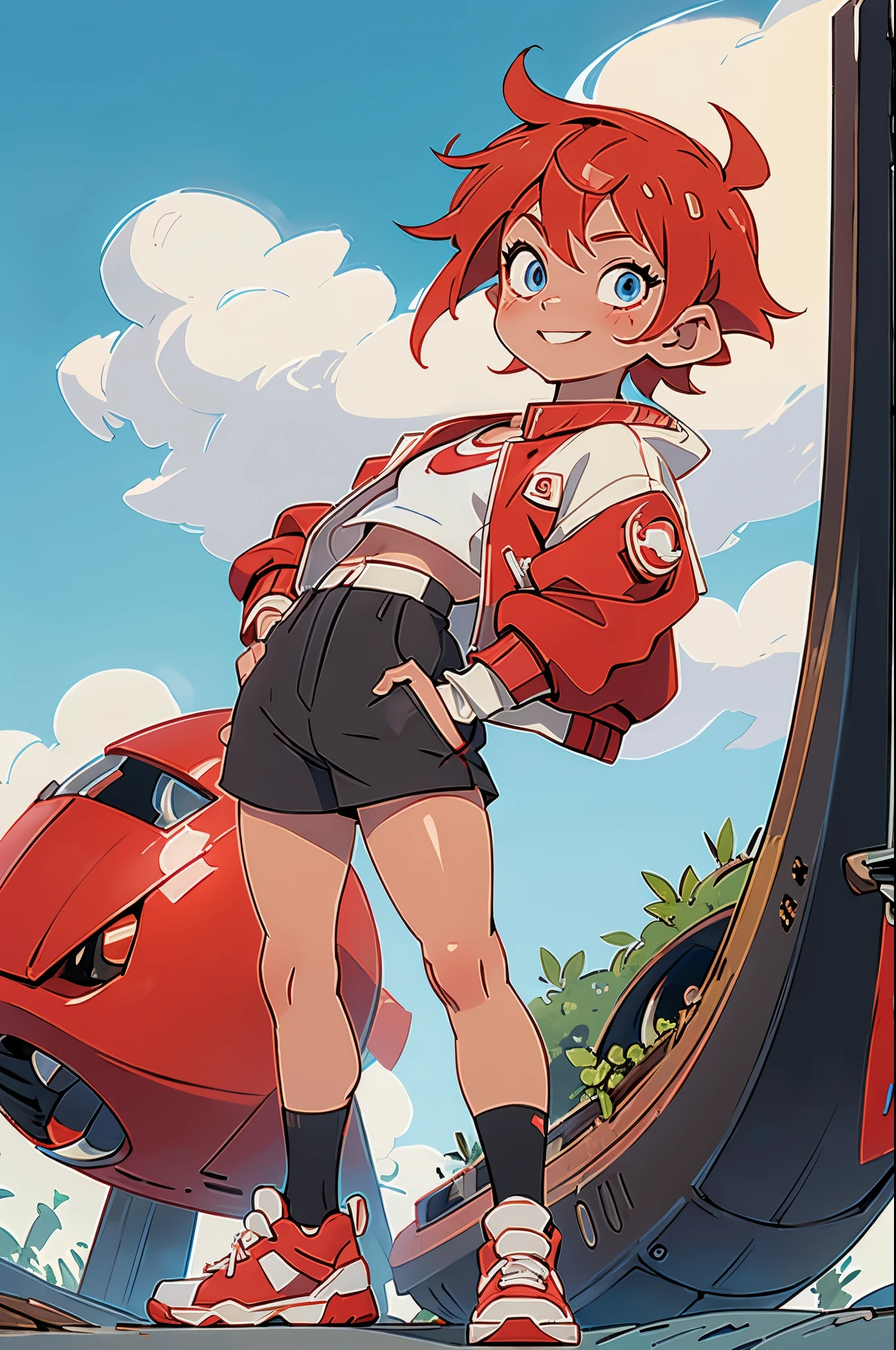 shortcut,Red hair color,blue eyes,,boyish,Asian,smile.primary scho,thin,Sunburn mark,freckles,Black socks,black spats,white hot pants,white tank top,Red jacket,red shoes,Cyberpunk World,dilapidated building,Flying boat in the sky,Standing with right hand raised,Blue sky,