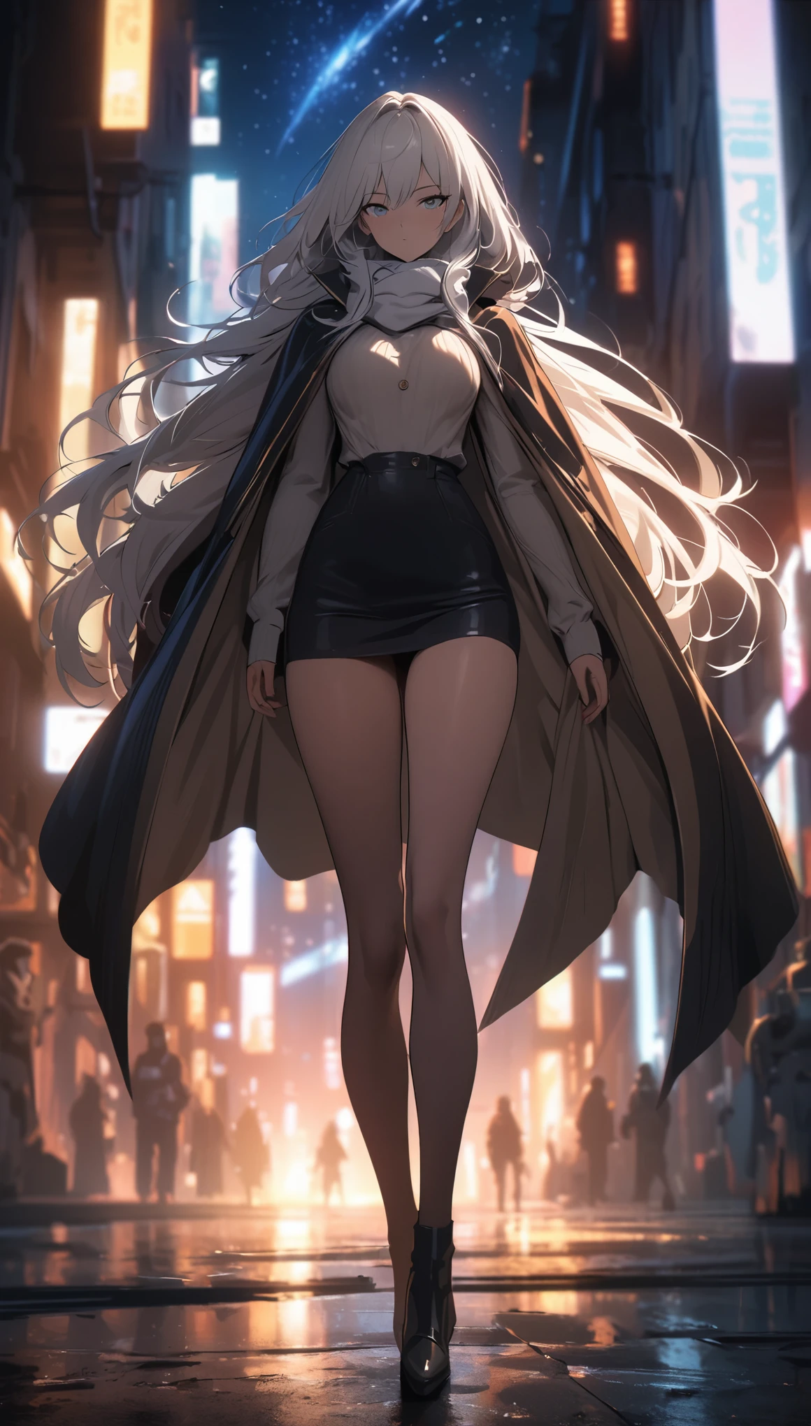 masterpiece, best quality, 4K, Mecha, starry Sky, Sky, Star(Sky), cape, scarf, Slender legs, long hair, white hair, cyberpunk, depth of field, blurred background,