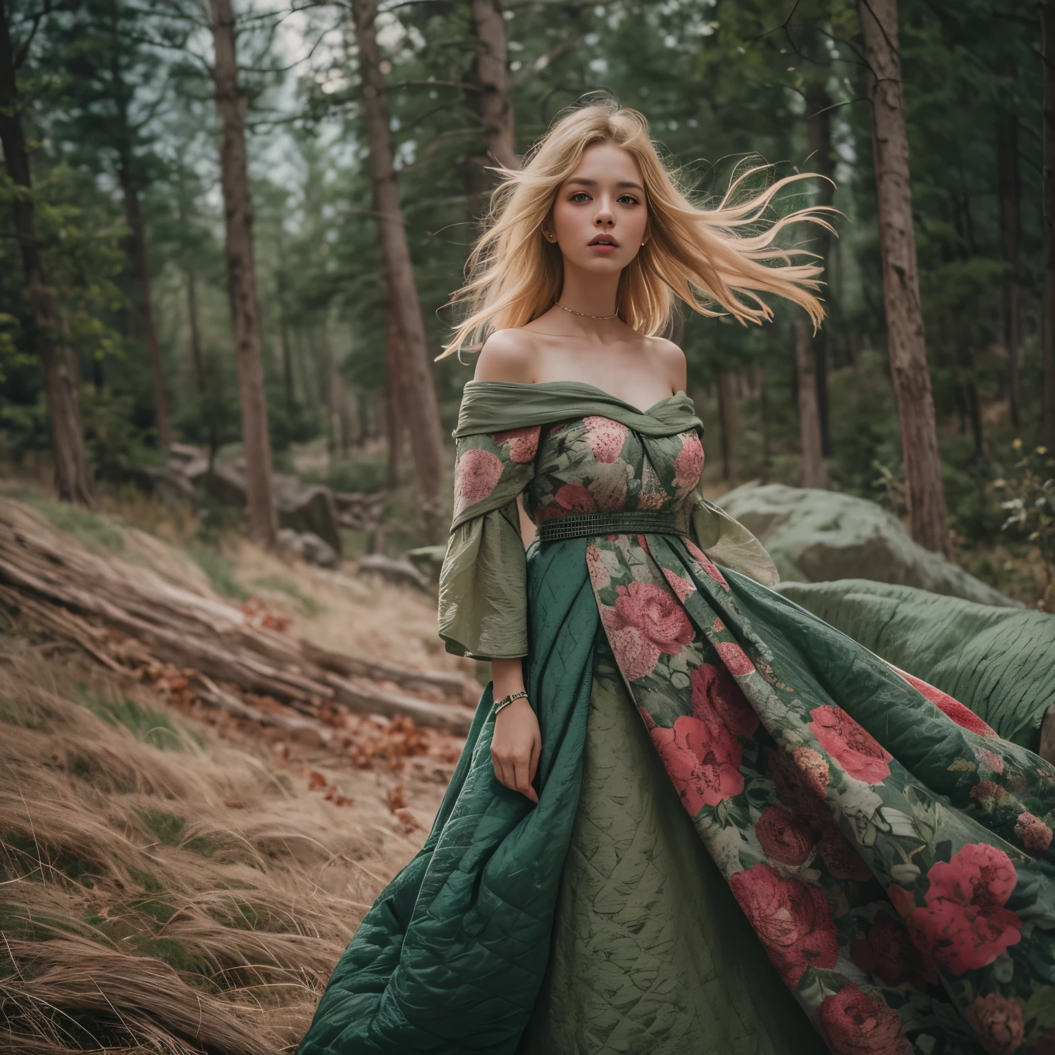 Best Quality Masterpiece Award Winning Photo Upper Body Woman Freckled Face Blonde Hair Windblown Blonde Emerald Eyes Strapless Dress Modern by Jeremy Lipking by Antonio J. Manzanedo by lee jeffries Nikon D850 film stock photo 4 camera kodak portra 400 lens f1.6 Rich Colors Realistic Textures Ultra-realistic Dramatic Lighting Unrealistic Mechanisms Art Station Cinestill 800 Trends,  fisheye lens, quilt style, Windy beach, Scottish lake, forest