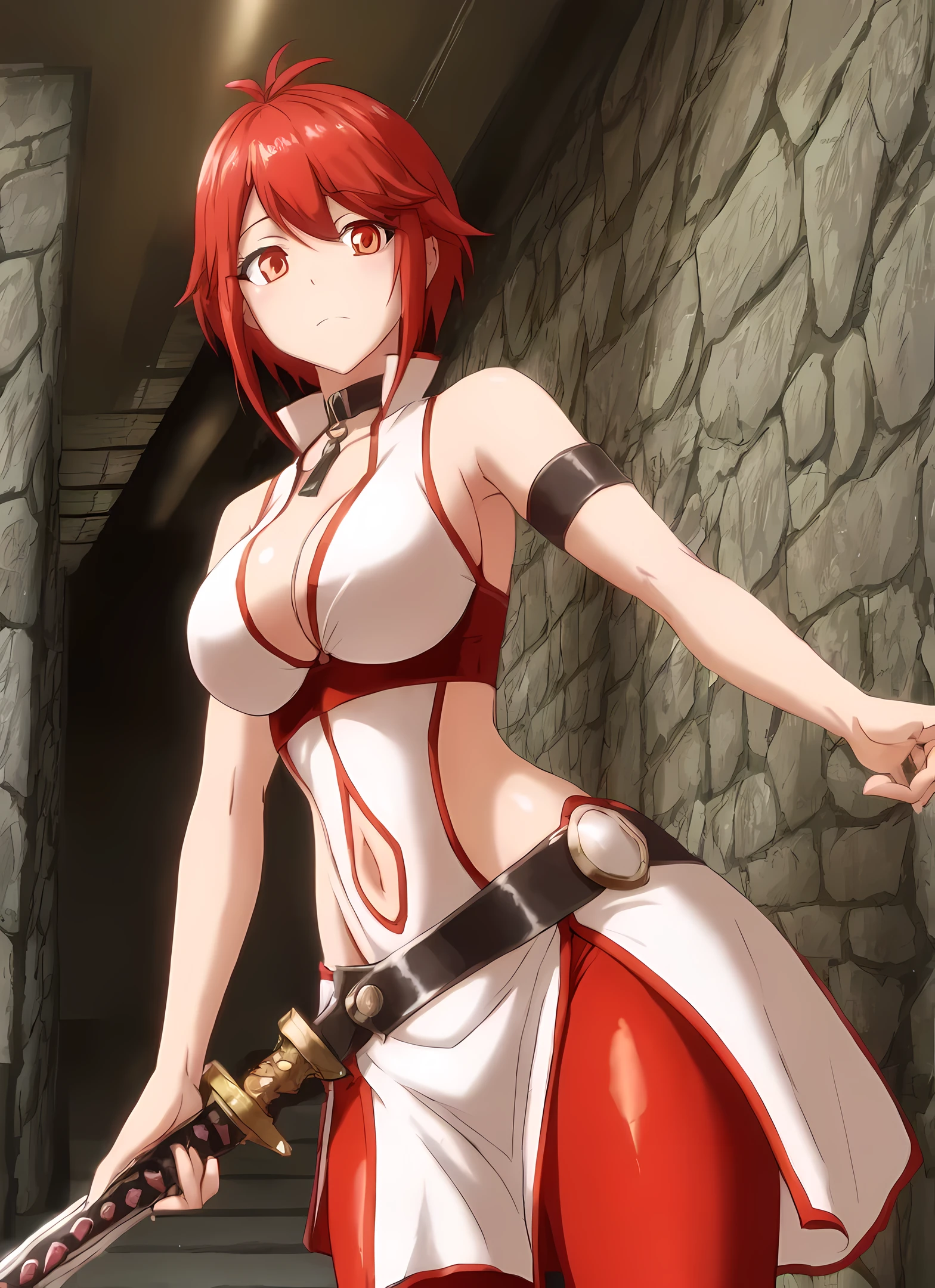 best quality, masterpiece, high quality, vesta_harem, 1girl, large breasts, cleavage, navel_cutout, side_slit, [[[[[red eyes]]]]], BREAK (red_leggings), oversized_belt, white_dress, [[[white_loincloth]]], bare_hips, BREAK holding_sword, navel, underground, [cave_interior:20], hallway, stone_wall, stone_floor, stone_walkway, ceiling, BREAK ((dark)), collar