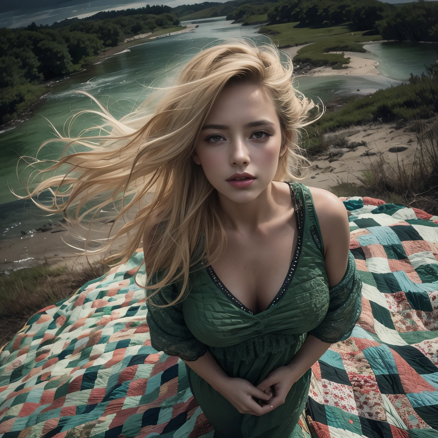 Best Quality Masterpiece Award Winning Photo Upper Body Woman Freckled Face Blonde Hair Windblown Blonde Emerald Eyes Strapless Dress Modern by Jeremy Lipking by Antonio J. Manzanedo by lee jeffries Nikon D850 film stock photo 4 camera kodak portra 400 lens f1.6 Rich Colors Realistic Textures Ultra-realistic Dramatic Lighting Unrealistic Mechanisms Art Station Cinestill 800 Trends, fisheye lens, quilt style, Windy beach, Scottish lake, forest