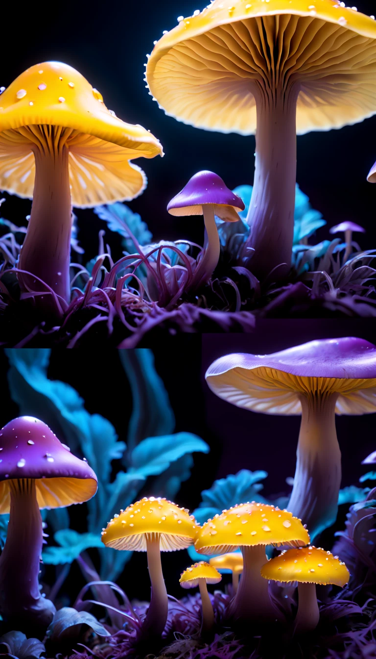 (best quality,Super detailed),professional,close up,Bioluminescent purple yellow mushroom,sharp focus,bright colors,studio lighting