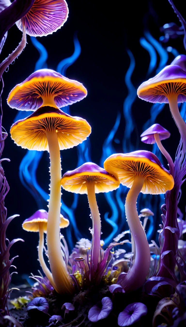 (best quality,Super detailed),professional,close up,Bioluminescent purple yellow mushroom,sharp focus,bright colors,studio lighting