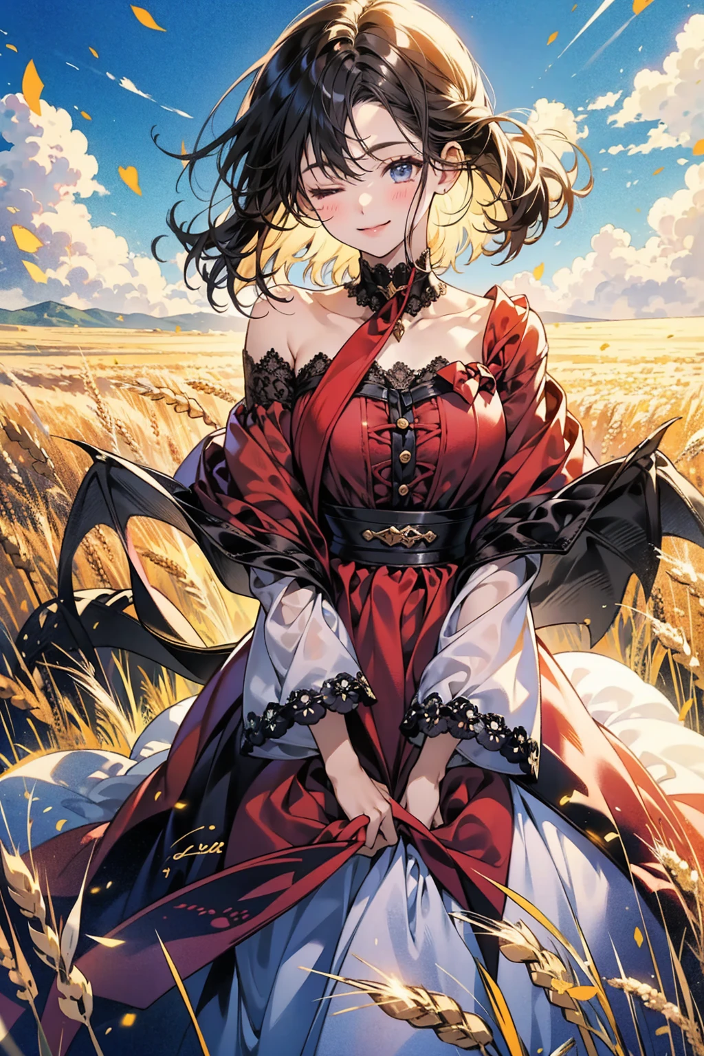 (KyoAni:1.05)，(warm feeling)，HD animation，top quality，best quality，(8k animation visual)，cygames，solo，Clear distinction between characters and background，a girl，Off-the-shoulder red dress，lace dress，beautiful skin，extremely detailed hair，flowing long hair，one eye closed，Smile，(blue sky)，Ray tracing，at Midday，Bright wheat field scene，cinematic light，depth of field
