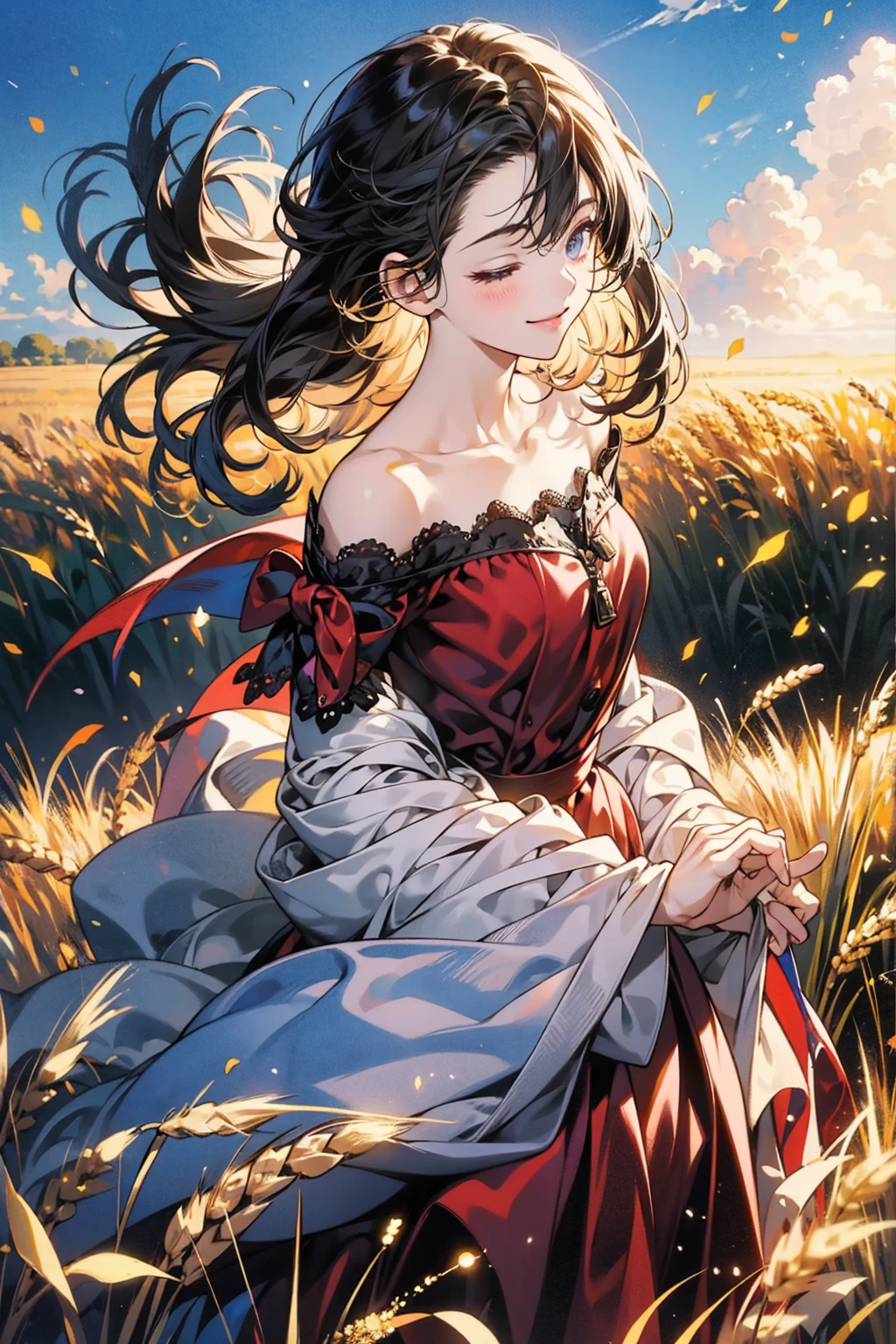 (KyoAni:1.05),(warm feeling),HD animation,top quality,best quality,(8k animation visual),cygames,solo,Clear distinction between characters and background,a girl,Off-the-shoulder red dress,lace dress,beautiful skin,extremely detailed hair,flowing long hair,one eye closed,Smile,(blue sky),Ray tracing,at Midday,Bright wheat field scene,cinematic light,depth of field