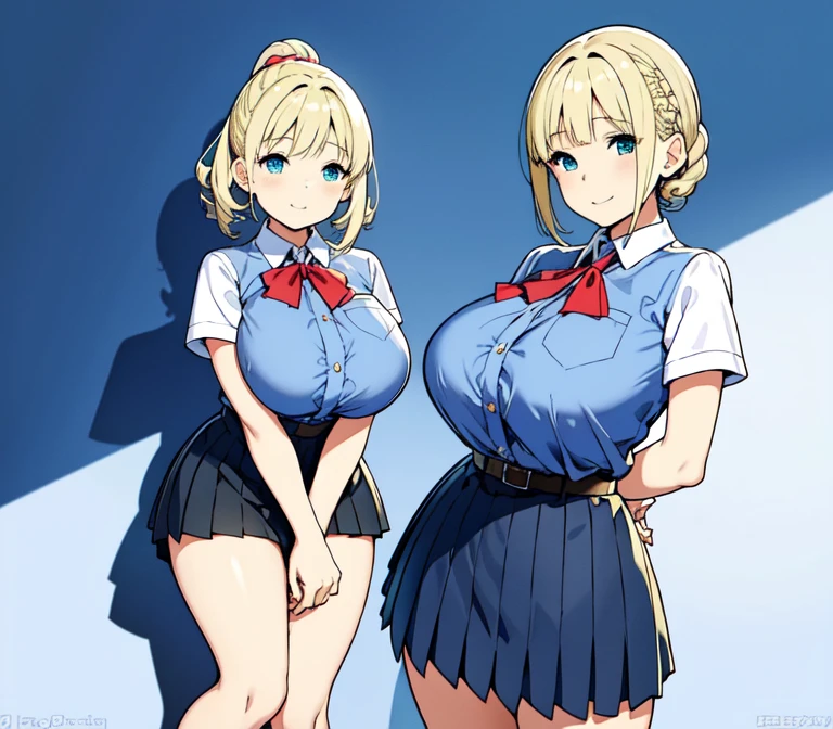 one very young slim fit girl, full height, rounded face, big blue eyes, shy smile, perfect super huge breasts, blue pleated skirt, bangs, tight white shirt, short sleeves, collared shirt, belt, red neckerchief, breast pocket, braid, hair ribbon, blue ribbon, short curly fluffy blonde hair