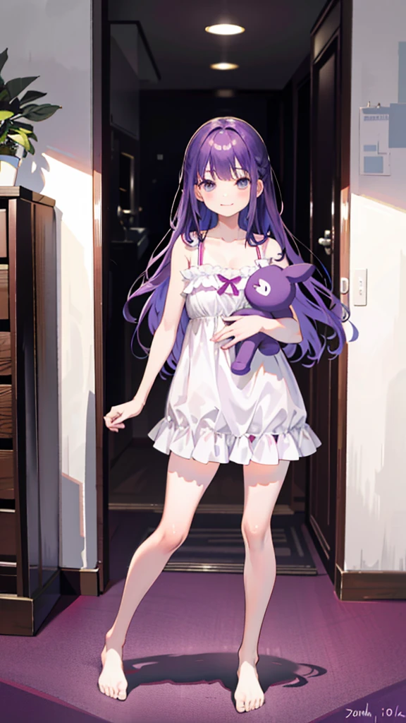 whole body,full body,Standing picture,standing position,Photographed from the front,from front,Girl holding a stuffed toy,purple hair,one piece,Room wear,cute,smile,simple background,