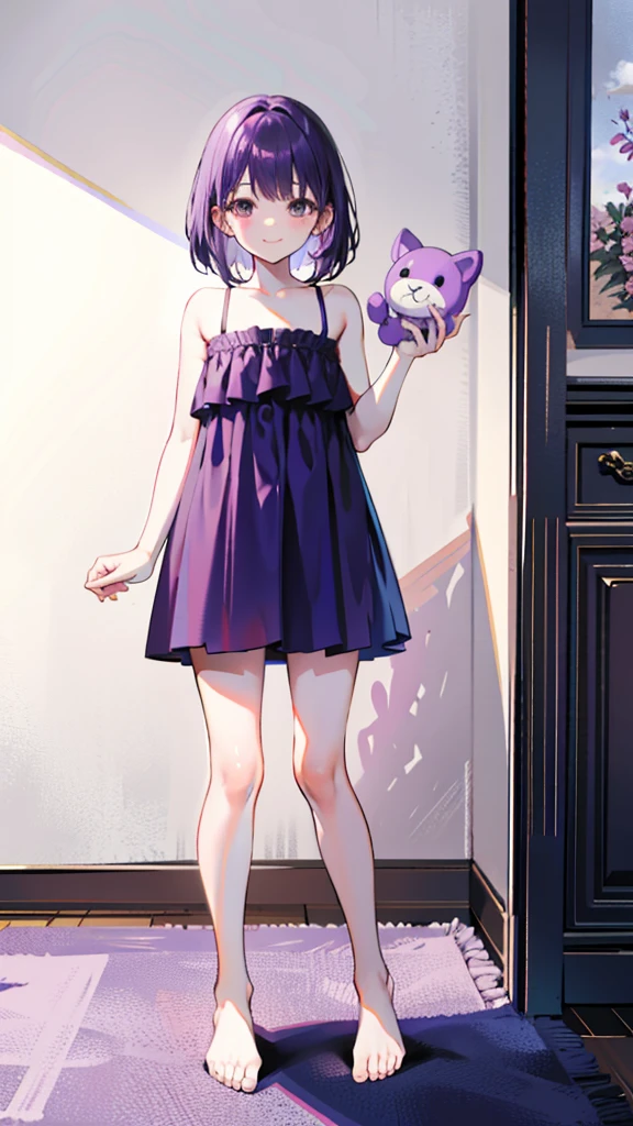 whole body,full body,Standing picture,standing position,Photographed from the front,from front,Girl holding a stuffed toy,purple hair,one piece,Room wear,cute,smile,simple background,