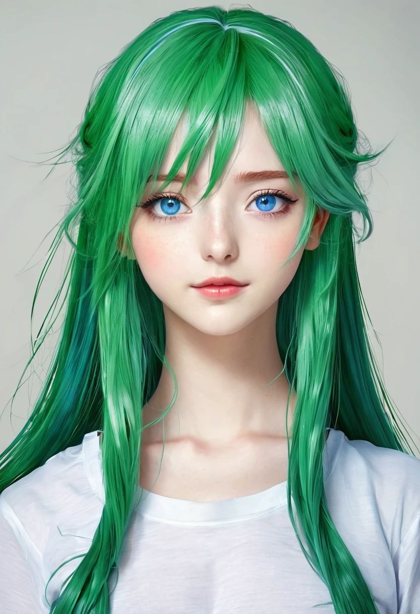 Anime girl with blue eyes and long green hair. A beautiful girl in terms of appearance and with a girl with red hair. Anime girl.