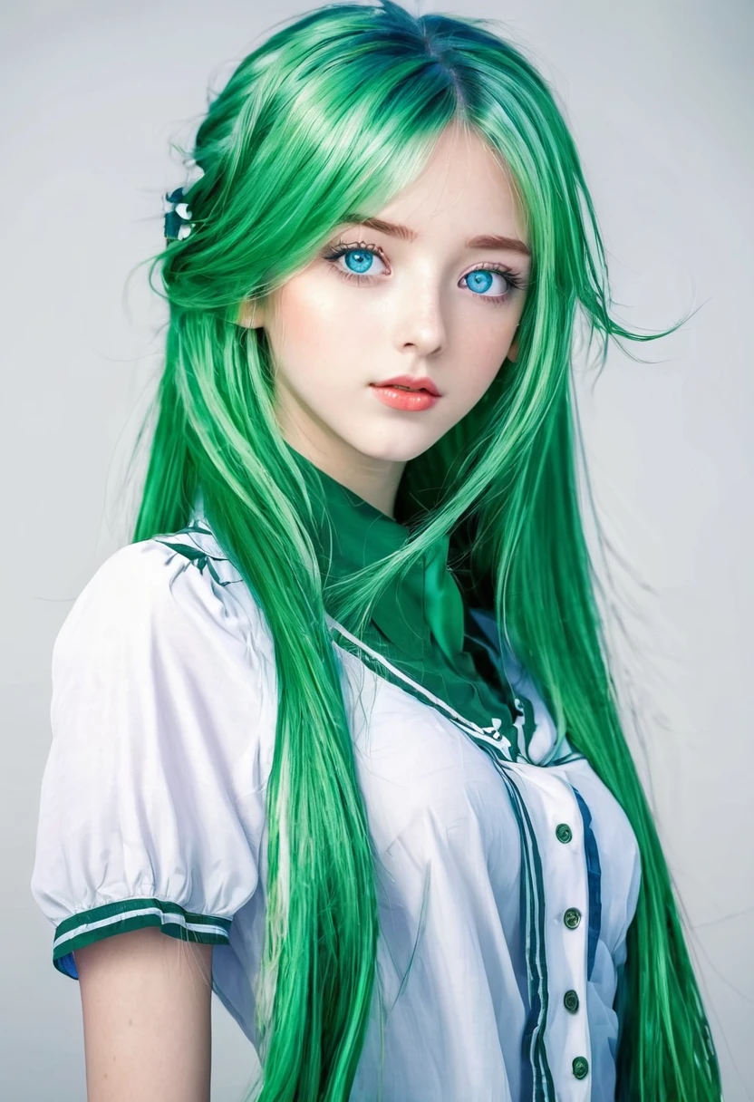 Anime girl with blue eyes and long green hair. A beautiful girl in terms of appearance and with a girl with red hair. Anime girl. 