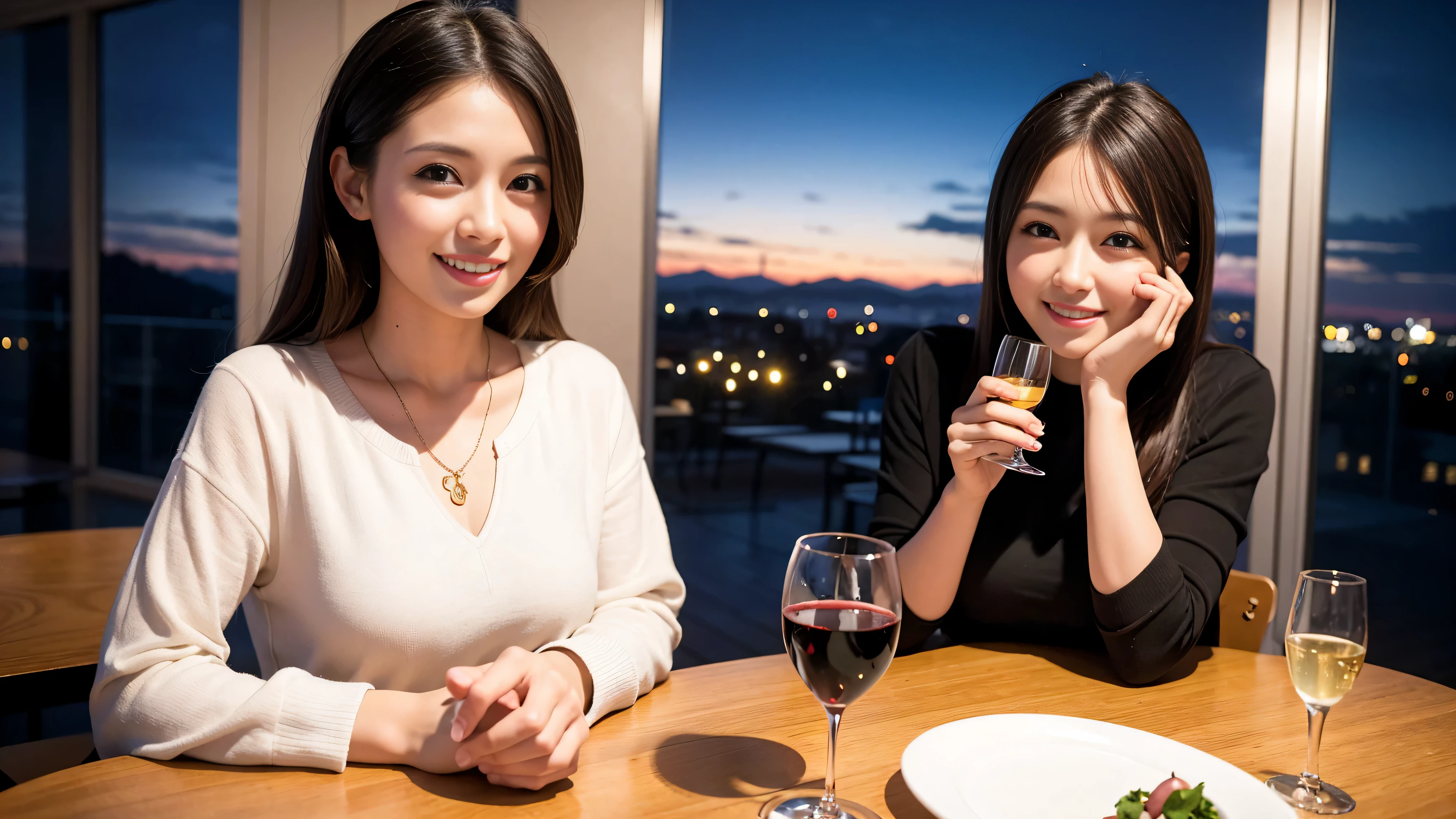 (K UHD, nffsw, top quality, table top: 1.2), (realistic, realistic: 1.37), Spectacular view of the sunset sky and clouds、Amazing mountain views、A bright smile、A lovely woman with a smile、long sleeve shirt、winter fashion、Japanese、Dutch、German、Belgian、Italian、French,Champagne、sparkling wine、Pretty Woman 1, (slim face), (Because I&#39;m slender), (brown hair), (shortcut), cheeks turn a little red, (40 years old), 38 years old, attractive beauty、, A beautiful and detailed night view spreads out outside the window.........., restaurant, sitting in a wine glass, at night, in a prominent place (from the waist up) nova frog style, actress, model, Upper body, White wine, slim, wine glass, very beautiful night view, wine glass placed in the middle, Smile, (smile: 1.15), beautiful small eyes, Upper body, bust japan up, night, short, short, actress, model, Upper body, White wine, Red wine slim, wine glass, very beautiful night view, wine glass placed in the middle, Smile,