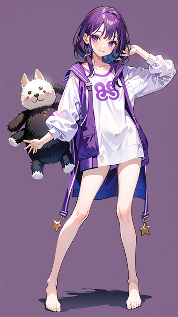 whole body,full body,Standing picture,standing position,Photographed from the front,from front,Girl holding a stuffed toy,purple hair,one piece,Room wear,cute,smile,simple background,