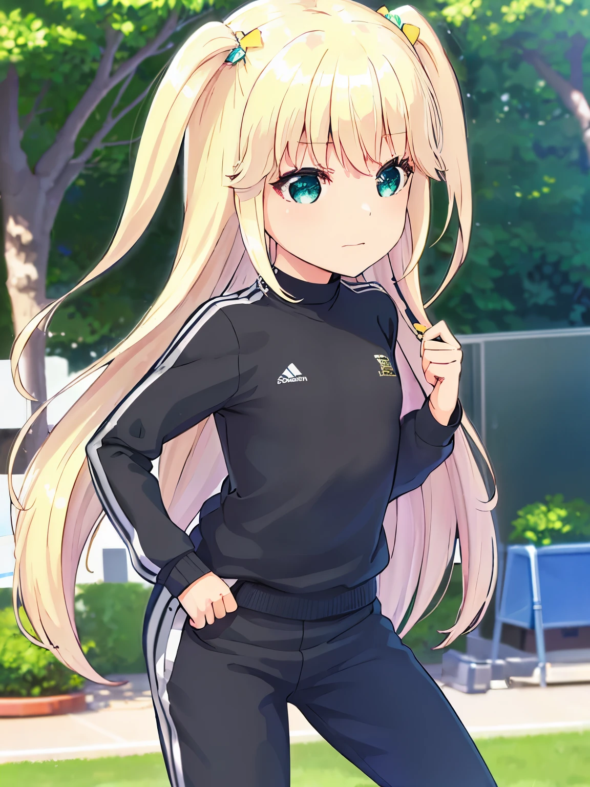 s○l○, 1 girl, highest quality, very detailed, (masterpiece), (illustration), school, outdoor, upper body, face, face focus, from front, , long sleeves, blonde hair, long hair, green eyes, two side up, eyebrows visible through hair, shine, bangs, shine, flat chest, Gym suit,tear