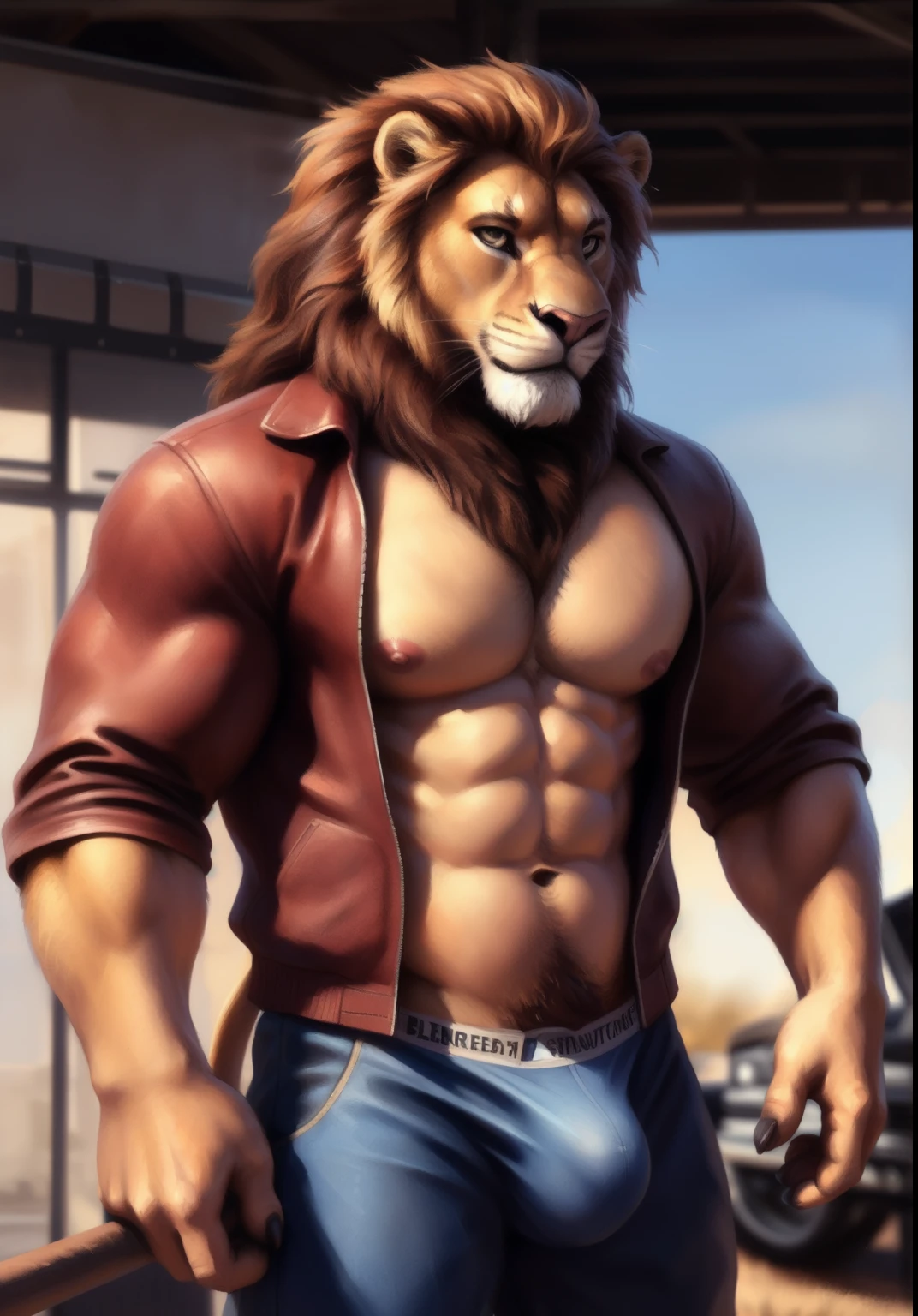 Lion, male, solo, adult, abs, pecs, nipples, older, strong muscles, long mane, detailed face, beautiful eyes, detailed eyes, mechanic, work overall, showing chest, open jacket, muscular chest, muscular, serious face, bodybuilder body, beefy, garage background, bulge, looking_at_viewer, by bruteandbrawn, by personalami, by kenket, (intricate, high detail, film photography, soft focus, RAW candid cinema,
photorealism, realistic, photorealistic, analog style, subsurface scattering,
masterpiece, best quality, ultra realistic, 8k)